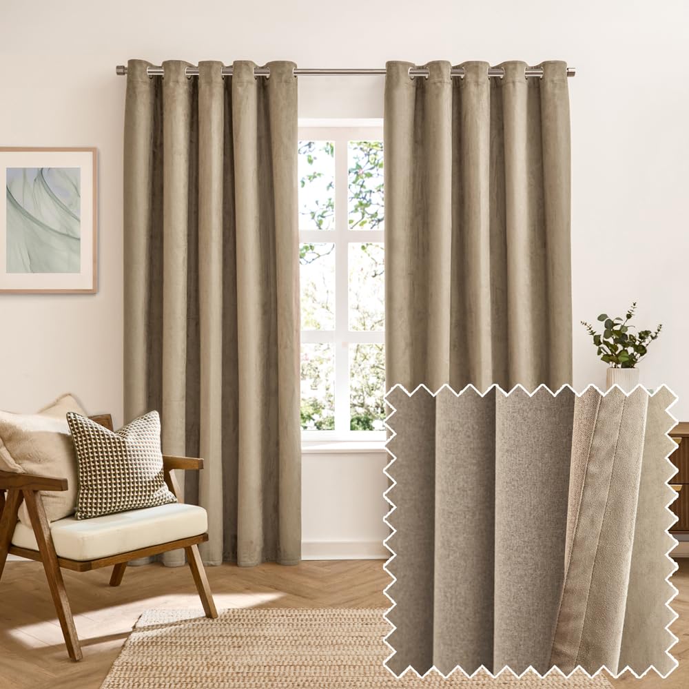 Furn. Mocha Verso Blackout Eyelet Curtain Pair – Reversible Ring Top Light Blocking Suede Drapes ( - 117X137cm)