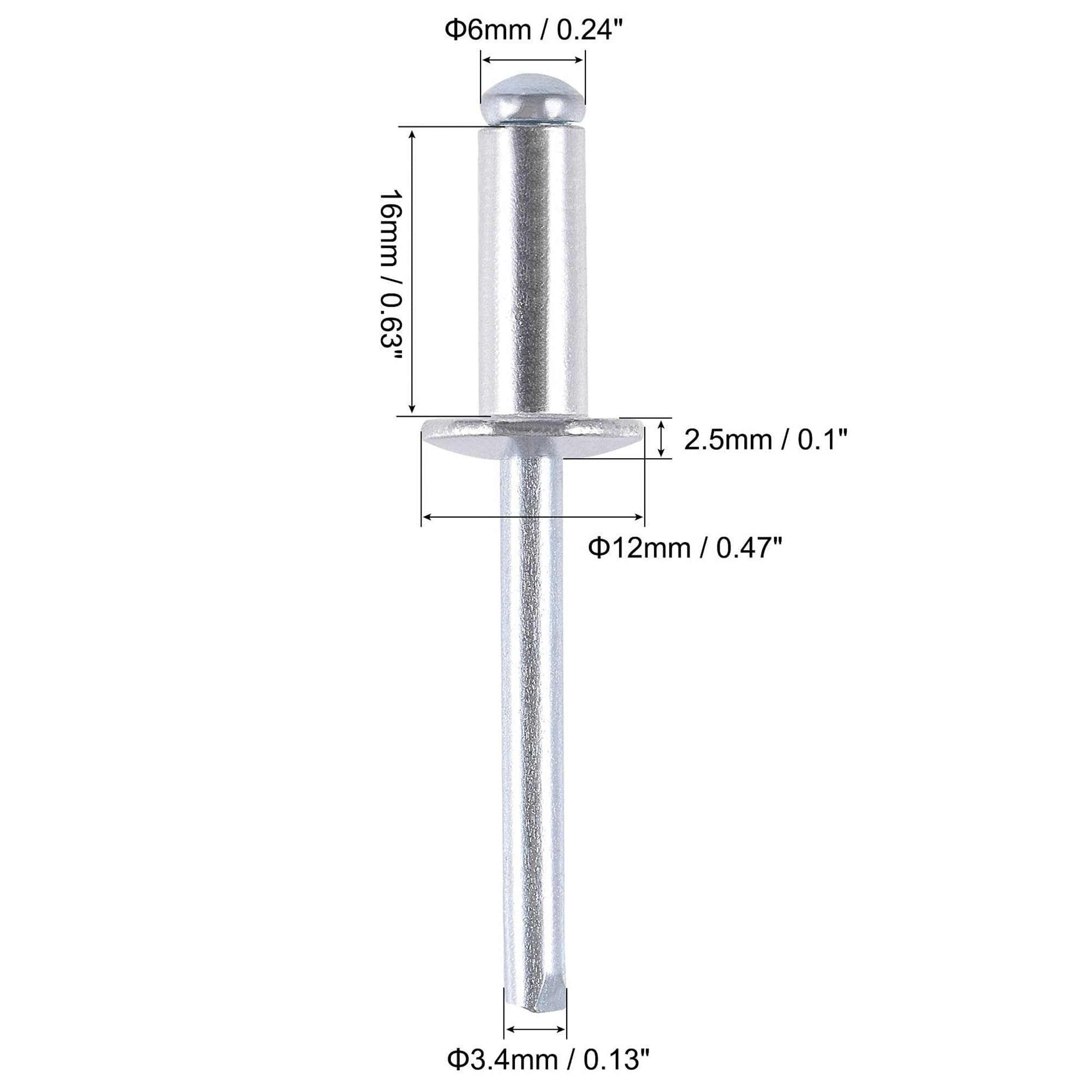 TA-VIGOR 50Pcs 6mm x 16mm Aluminium Blind Rivets, Open End Pop Rivets with Dome Head - Image 2