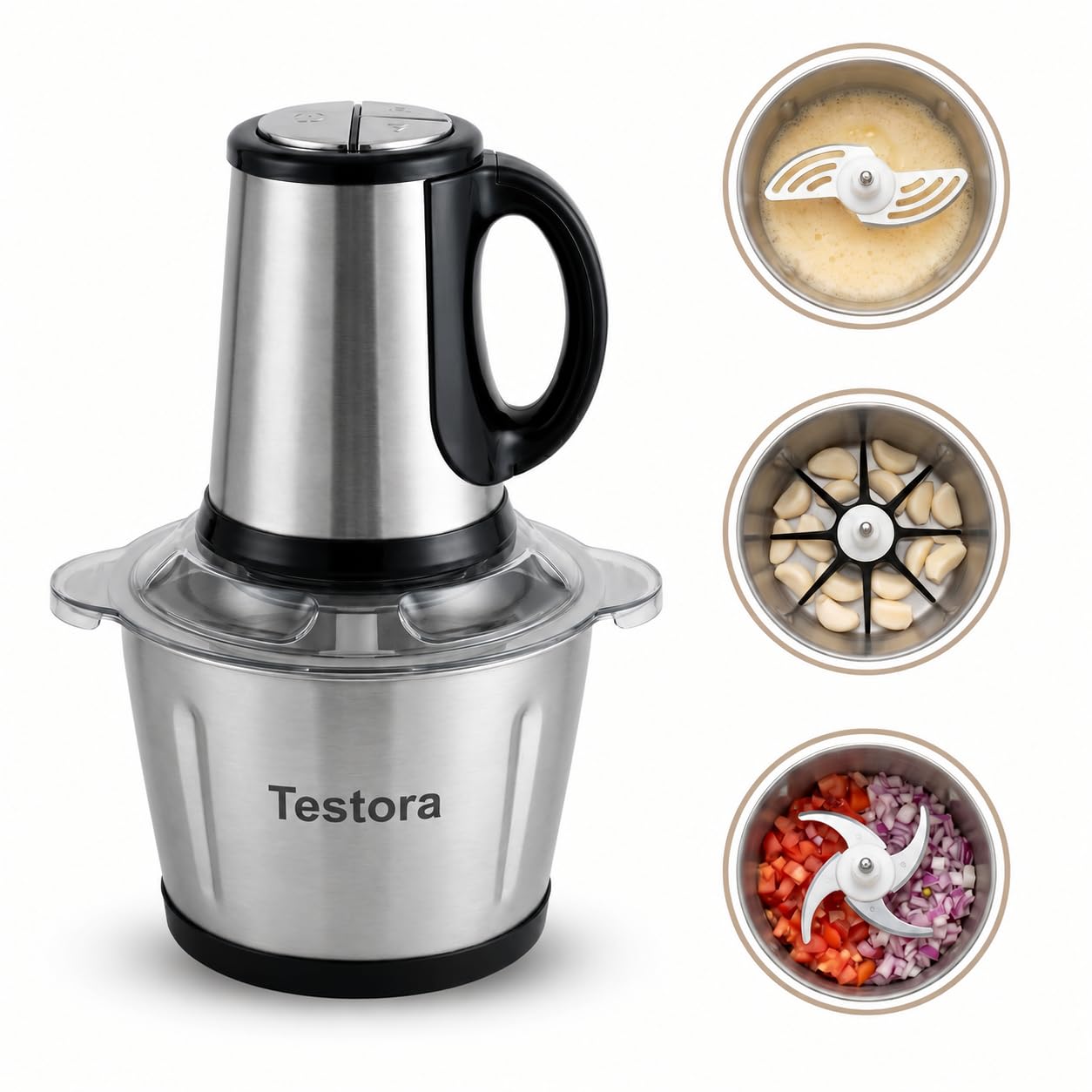 Electric Chopper for Kitchen, 2L Stainless Steel Vegetable Chopper & Meat Grinder, 3 Speed Food Processor, Garlic Peeler, Egg Whisker & Lassi Maker, 300W Electric Chopper-image-3