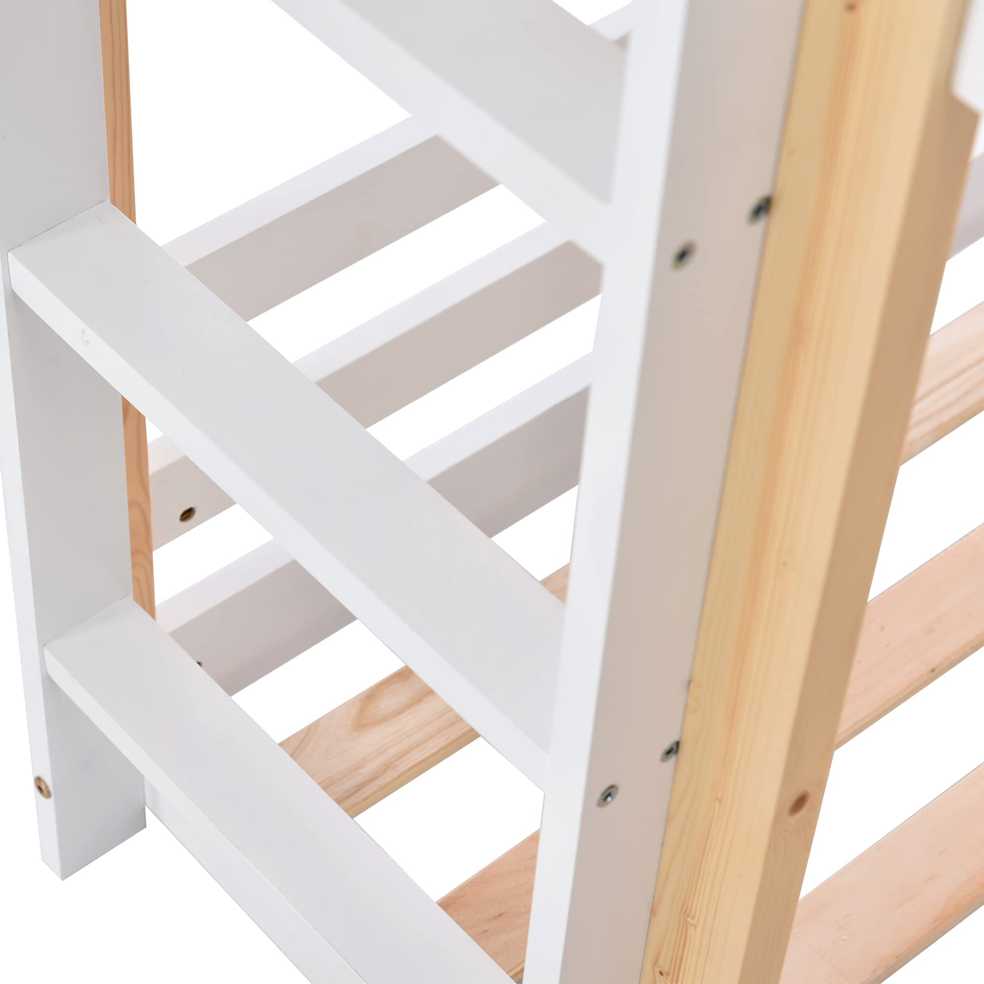 Dolamaní Cama de casa con tobogán y escalera, cama alta de 90 x 200 cm, litera con tobogán y escalera, cama alta para niños, 2 somieres, color natural y blanco