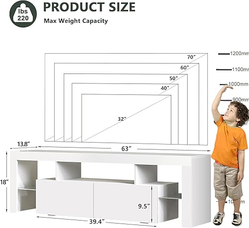 Miniatura 2 de CreekT Soporte de TV LED para TV de 70 pulgadas, consola de TV de 60, 65, 70 pulgadas, centro de entretenimiento blanco para soportes de TV de 70,