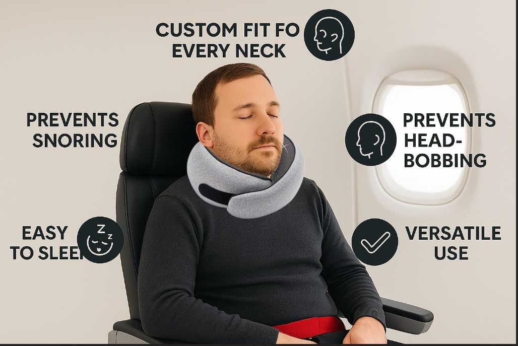 Zealsih Neck Travel Pillow, 100% Pure Memory Foam Neck Pillow for Airplanes, Compact and Ergonomic Design for Travel, Car Rides, Home and Office Use, Ideal for Adults