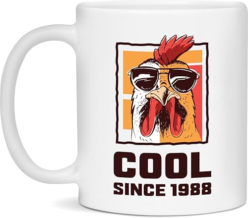 Miniatura 1 de Cool Since 1988 Taza de café de cerámica  Divertido regalo de 1988  Gallo, gafas de sol  Blanco  11 oz