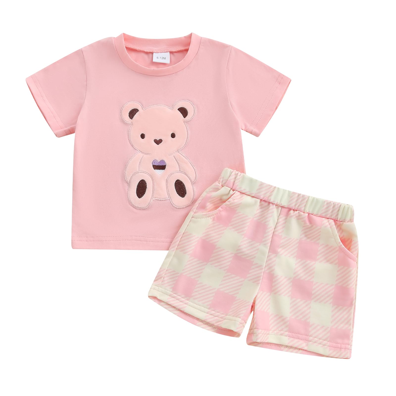Ursobutegl Toddler Baby Girl Summer Clothes Bear Short Sleeve T-Shirt Tops Checkered Elastic Waist Shorts Set Infant Outfit (Pink, 3-4T)