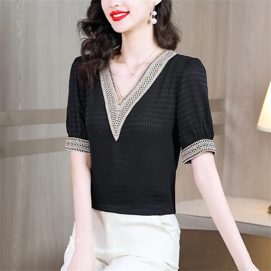Camicetta da donna in raso a maniche corte con scollo a V in pizzo primaverile camicetta casual