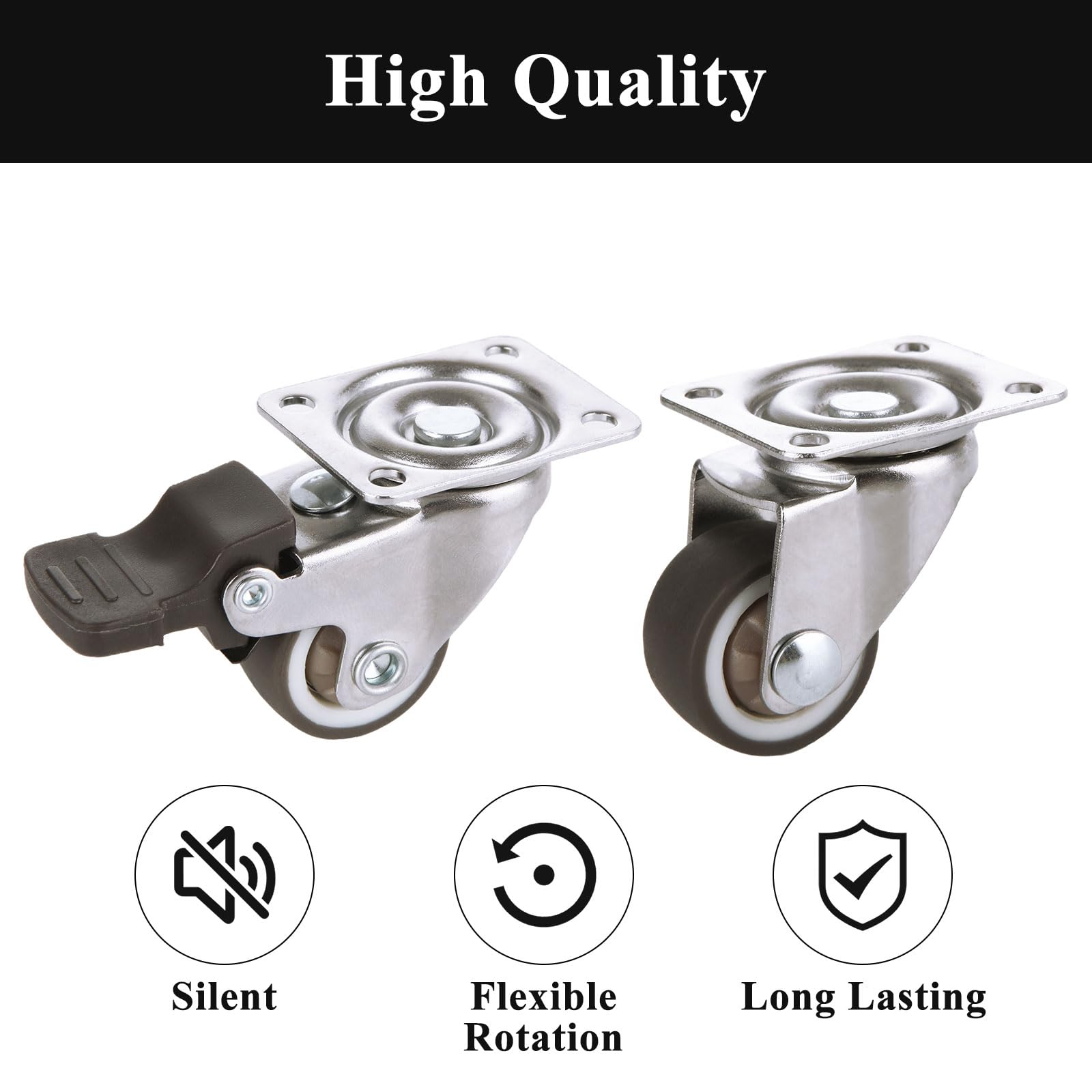 ZOFUN Caster Wheels Set of 16, 25 x 13 mm Heavy Duty Castor Wheels with Screws, Included 8 Pcs Silent Furniture Castors with Brakes, Silver Casters for Furniture - Image 3