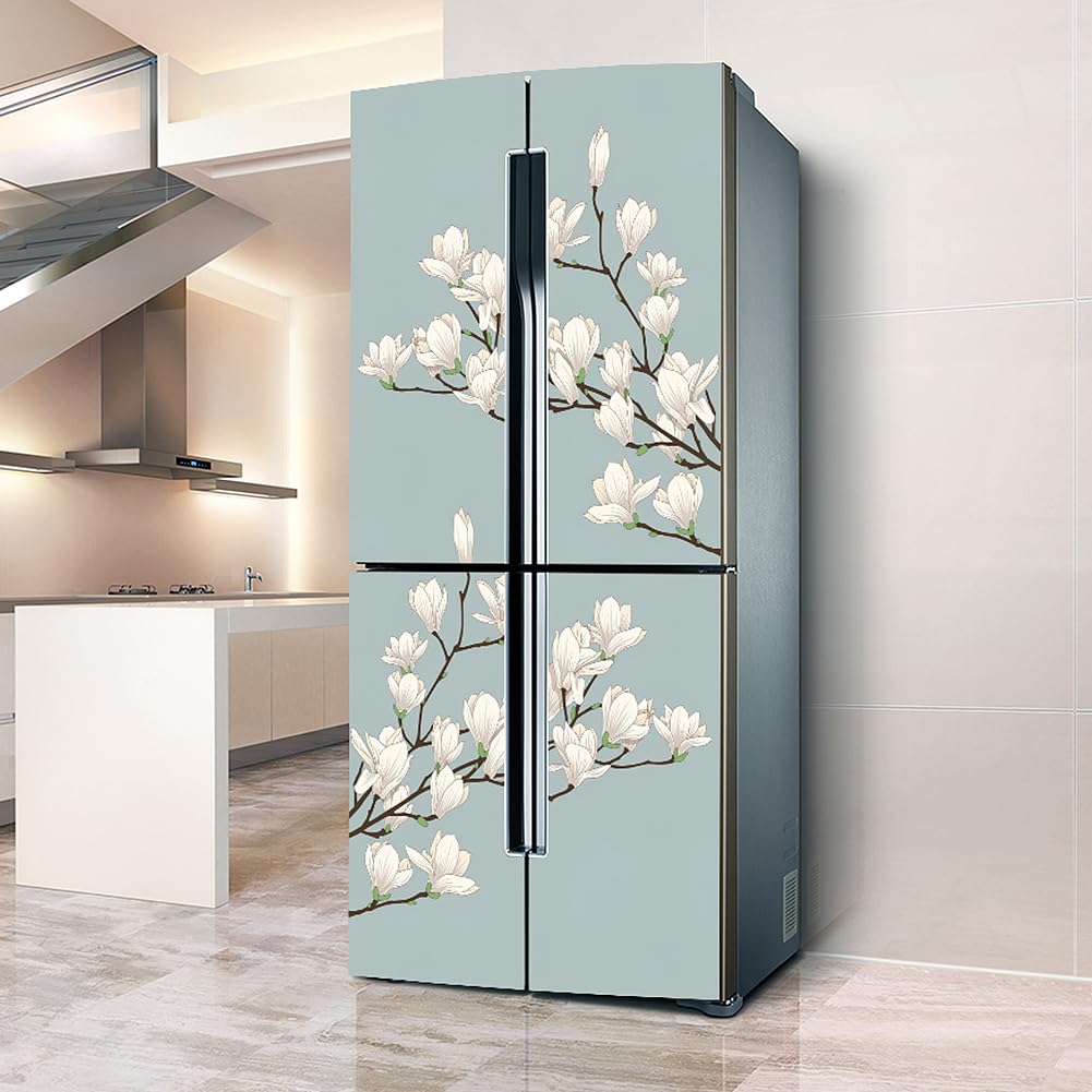 Targawerelax White Fridge Wrap Full Door Covers, Skins & Wall Stickers For Kitchen - Flower Magnolia