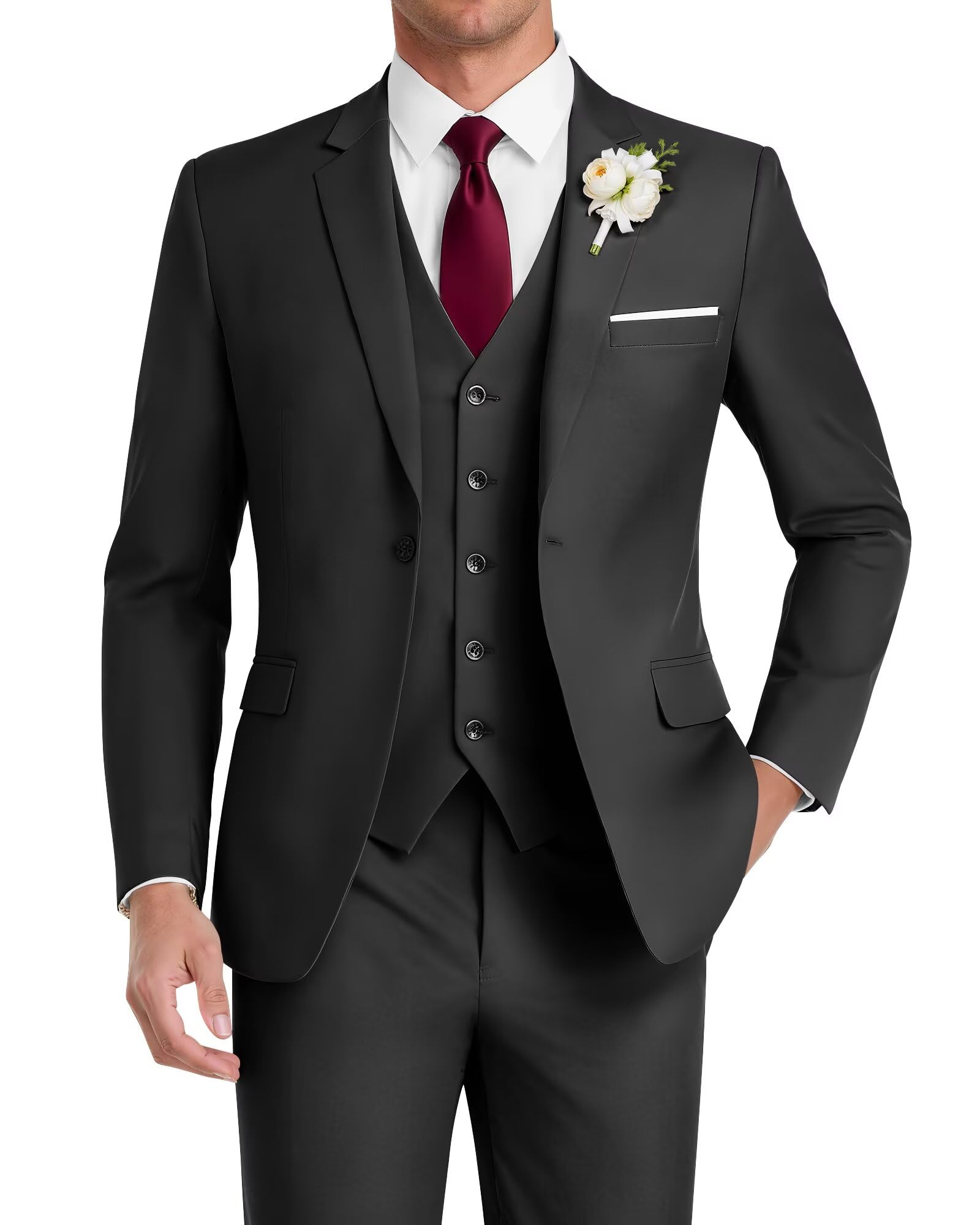 HUUTOE Men's 3 Piece Suits Slim Fit Wedding Groomsmen Prom Business Suit One Button Blazer Jacket Vest and Pants Tuxedo Set