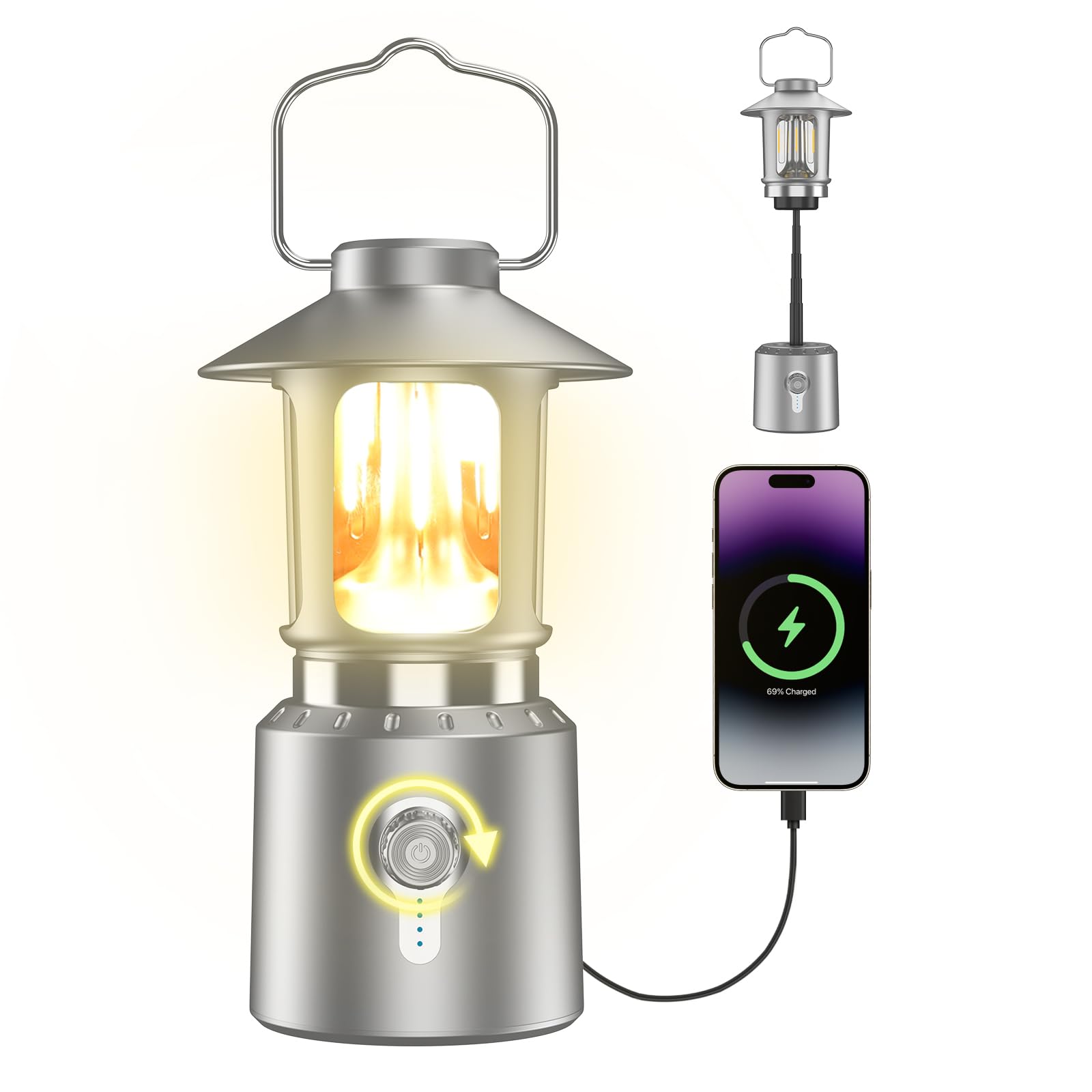 Linterna LED clásica retro para camping, linterna vintage recargable de atenuación continua, 3 modos de luz (2000 K-6500 K), banco de energía de 8000 mAh, luz colgante brillante para