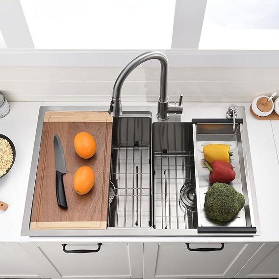 33 Inch Double Bowl Drop In Kitchen Sink Workstation - VOKIM 33 x 22 Inch Drop In Kitchen sink Stainless Steel 16 Gauge 10 Inch Deep Double Bowl Sink