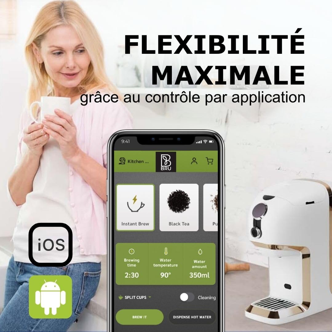 Machine à thé BRU pour thé en vrac & herbes & sachets de thé, SANS capsules, distributeur d'eau chaude & machine à thé, système de nettoyage automatique (Noir/Chrome)