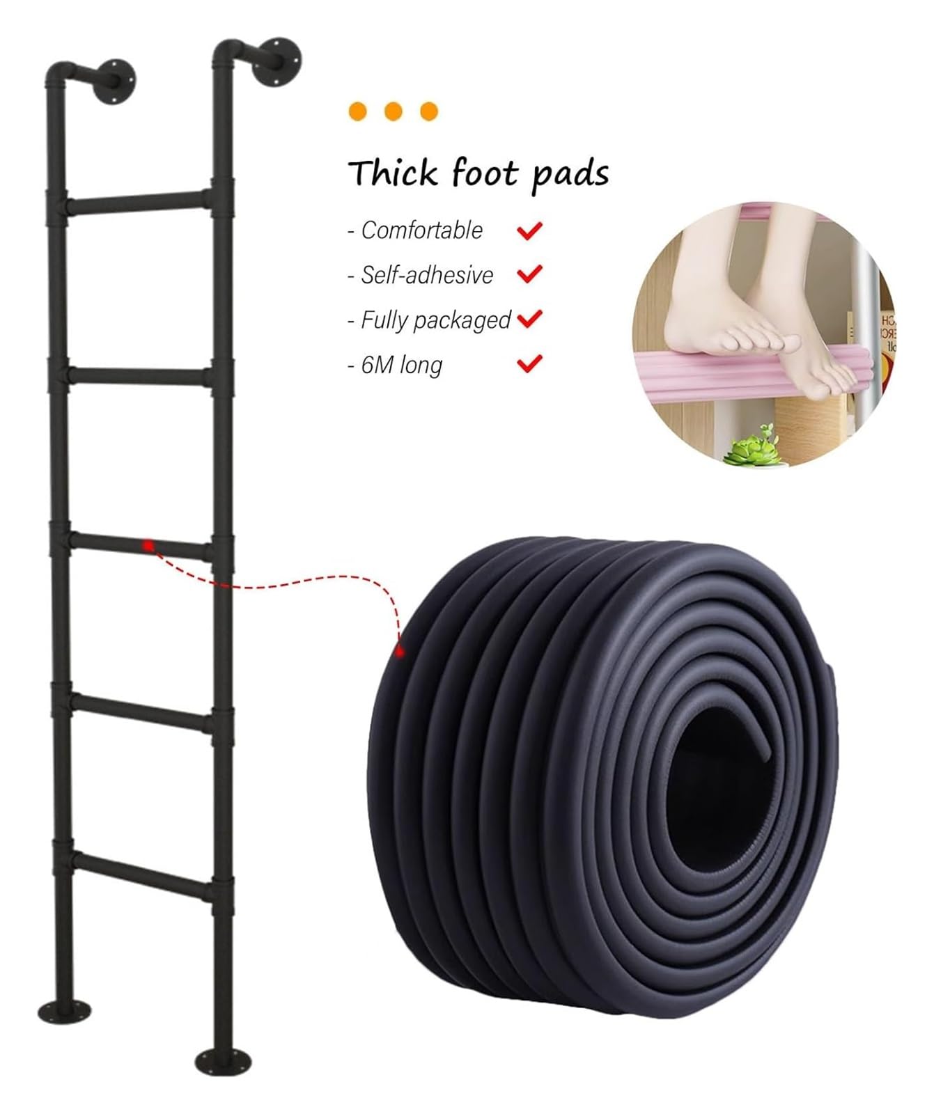 Escalera para literas, Escalera para Cama, para Casas, Balcones, Taburete para Subir escaleras para Adultos con Almohadillas para peldaños, de pie (Color: Negro, tamaño: 1,8 m/5,9 pies/70,9