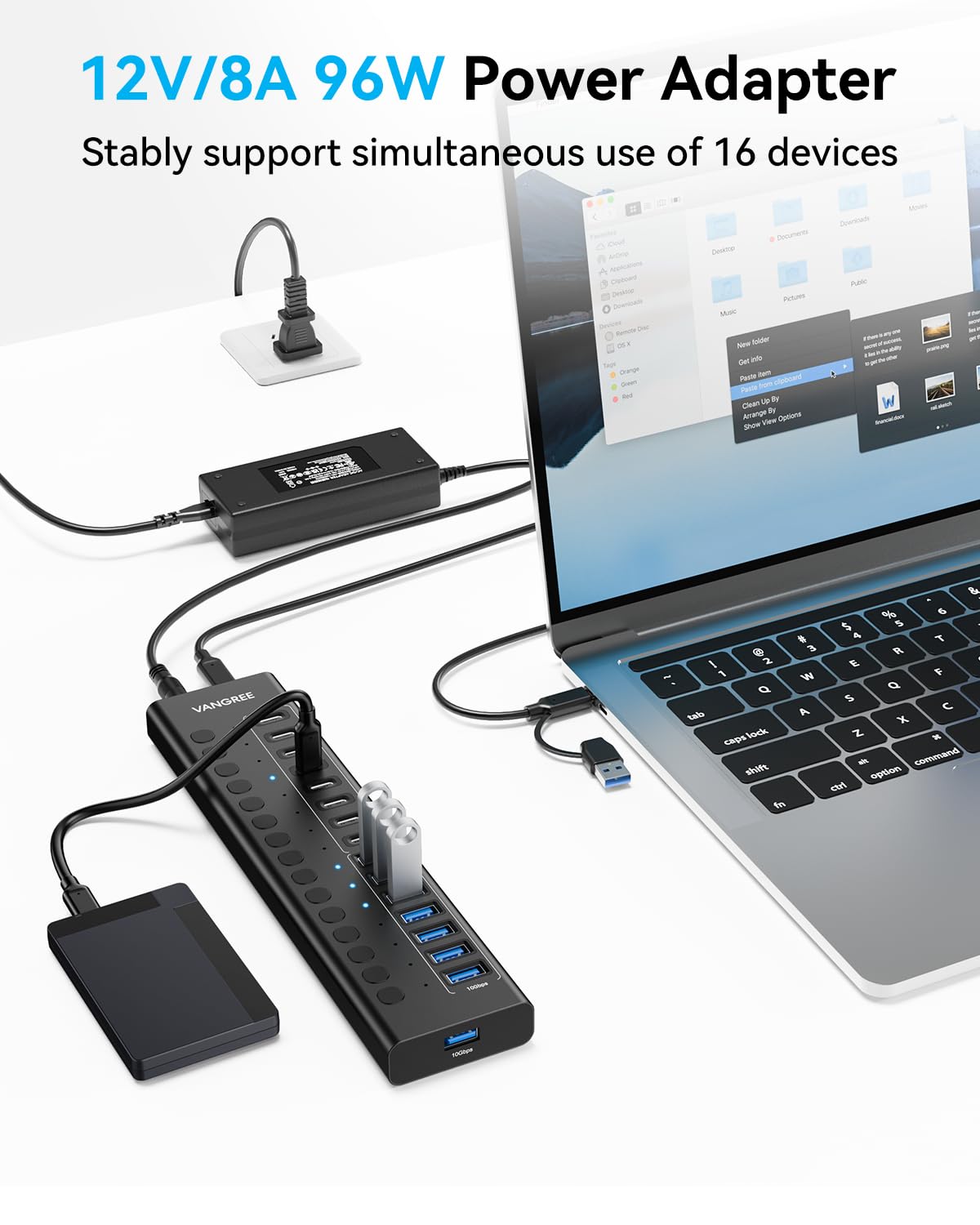 VANGREE Powered USB Hub, 16 Ports 10Gbps USB C Hub, 8X USB-A + 8X USB-C