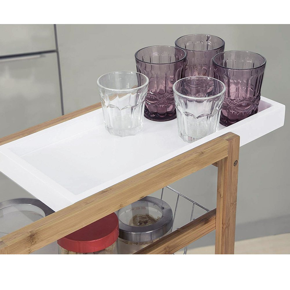 BAKAJI Carrello da Cucina Slim Salvaspazio in Legno di bambù con 1 Vassoio Estraibile 3 Ceste Portafrutta in Metallo e 4 Ruote Girevoli Carrello Portavivande Casa Dimensione 40 x 22 x 83 cm