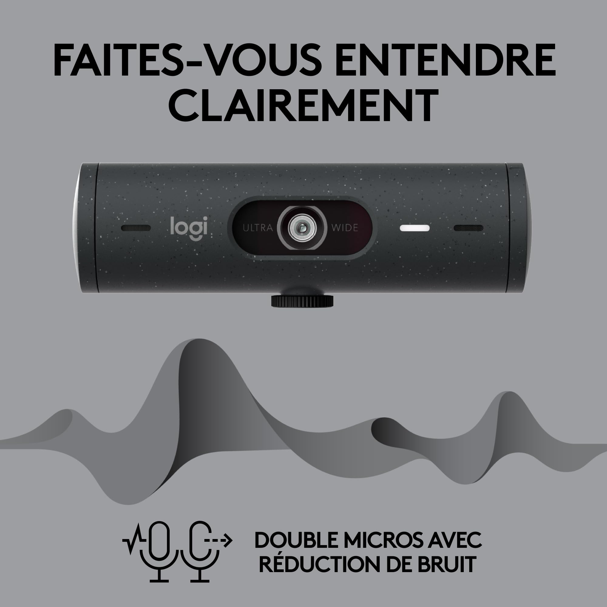 Logitech Brio 505 Webcam Full HD, Correction Automatique de l'éclairage, Cadrage Automatique, 2 micros Anti-Bruit, Volet de confidentialité - Gris