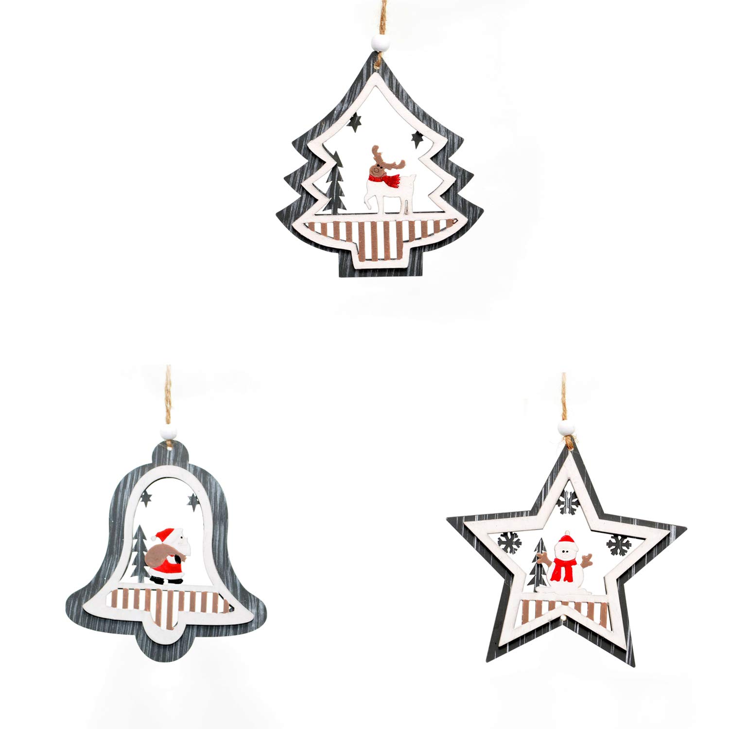SHATCHI Christmas Tree Ornaments Grey Wooden Aesthetic Hanging Decorations set of 3 pcs Xmas DIY Holiday Home Décor – 1 Star, 1 Bell, 1 Tree Shape pieces(12cm)