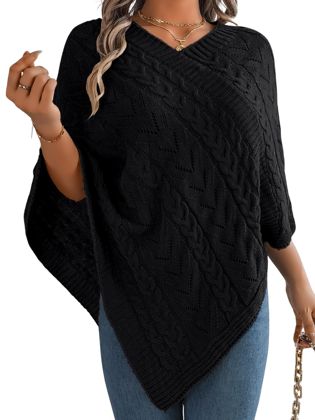 Women Knit Poncho Sweater Irregular Hallow Out Cape Top Casual Fashion Lightweight Knitted Shawl Wraps Fall Winter