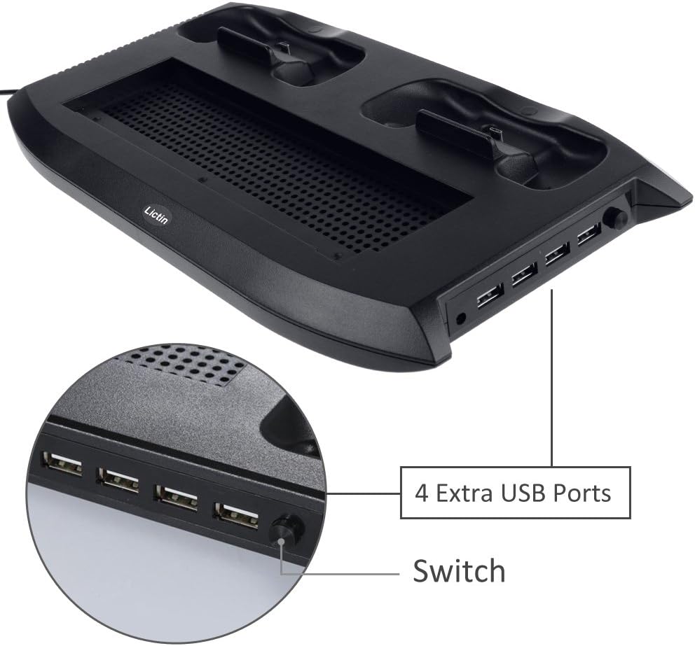 Lictin Xbox One S Vertical Stand Cooling Fan with Dual Charging Station for 2 Xbox One S Controllers + 8 Silicone Thumbs for Xbox One S Controller Black