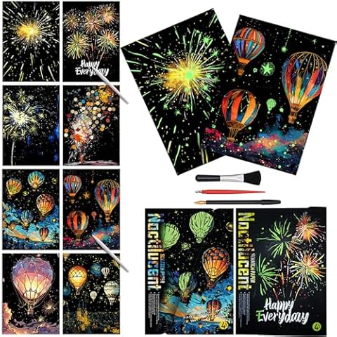 Paint by Scratch Paper Scratchboard for Adult-Luminous-Scratch Painting Kits for Adults, Noctilucent Adult Crafts with Scratchboard Tools A4 Rainbow Painting Scratch Paper（Fireworks&Hot-air Balloons） Cover