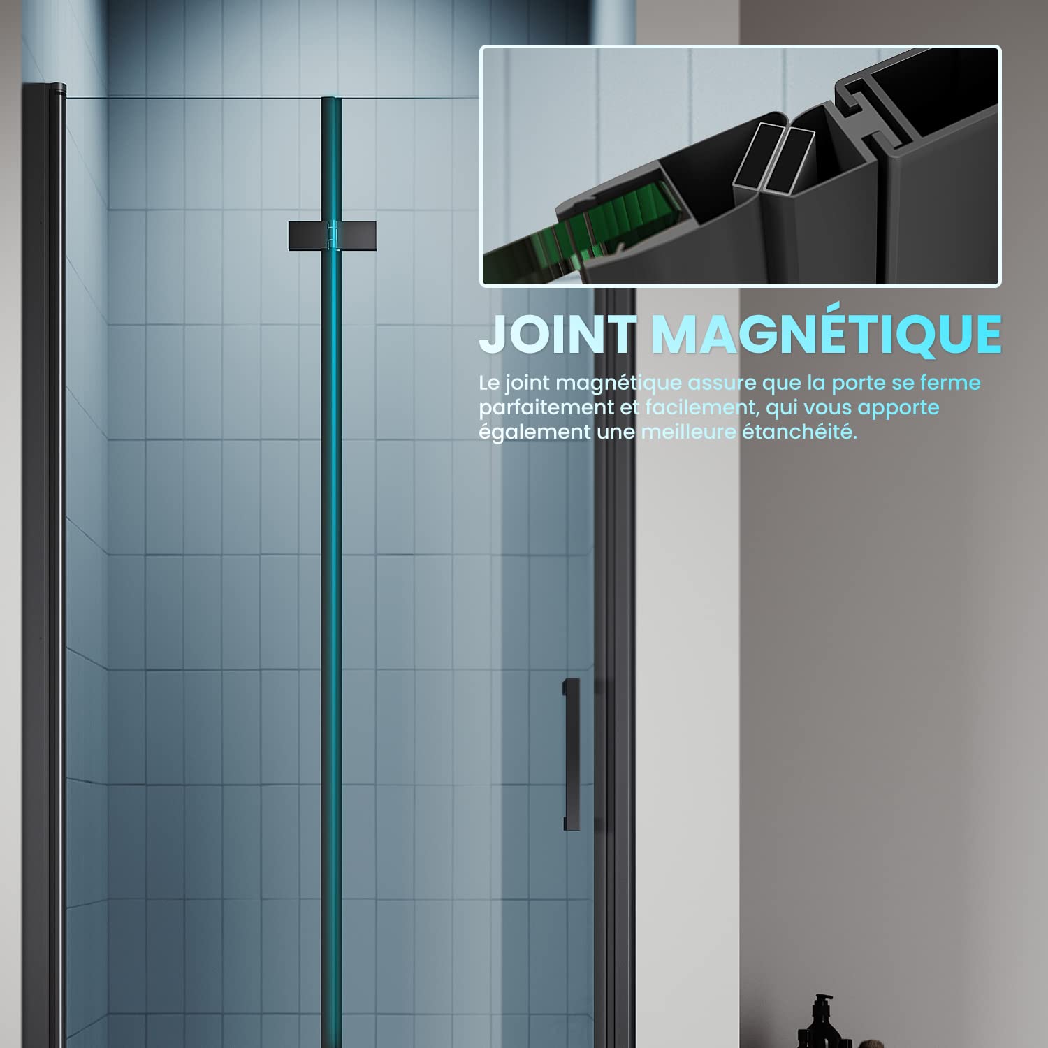 SIRHONA Porte de douche Noir Coulissante 80x195cm Porte de douche Pivotante en Verre Transparent 6mm Securit
