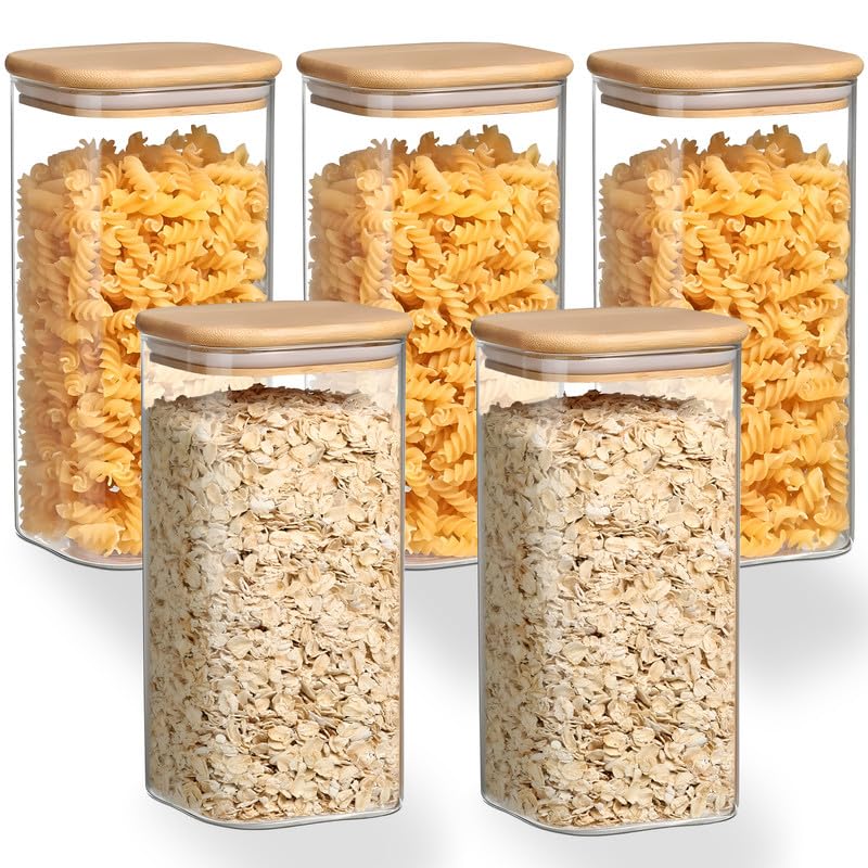 Image of Allo 600ML Kitchen Storage Box Glass Jars With Wooden Lids - Borosilicate Glass Food Storage Containers Airtight Glass Jar For Tea, Coffee, Spice, Pulses, Masala (Square Glass Jar - Set of 5)