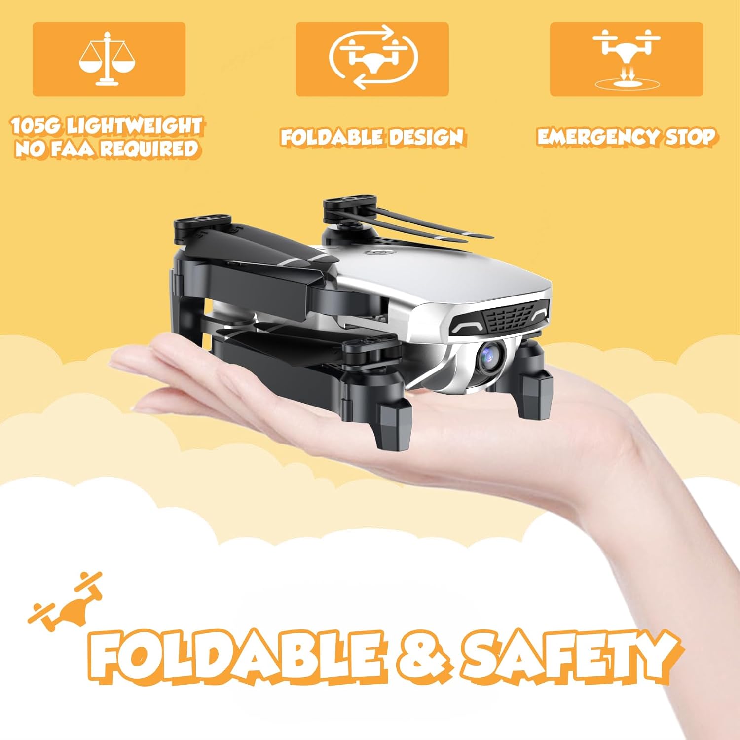 Folded drone held in a hand, showing its compact size