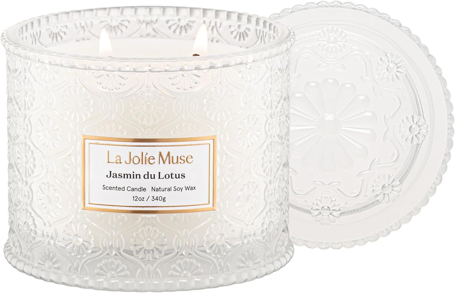 Jasmin du Lotus Candle - Ivy, Jasmine, Cedarwood | 12 oz Large 2-Wick Soy Wax Candle | 60 Hours Clean Burn | Floral Scented Candle | Gift-Ready for Hosts & Gatherings
