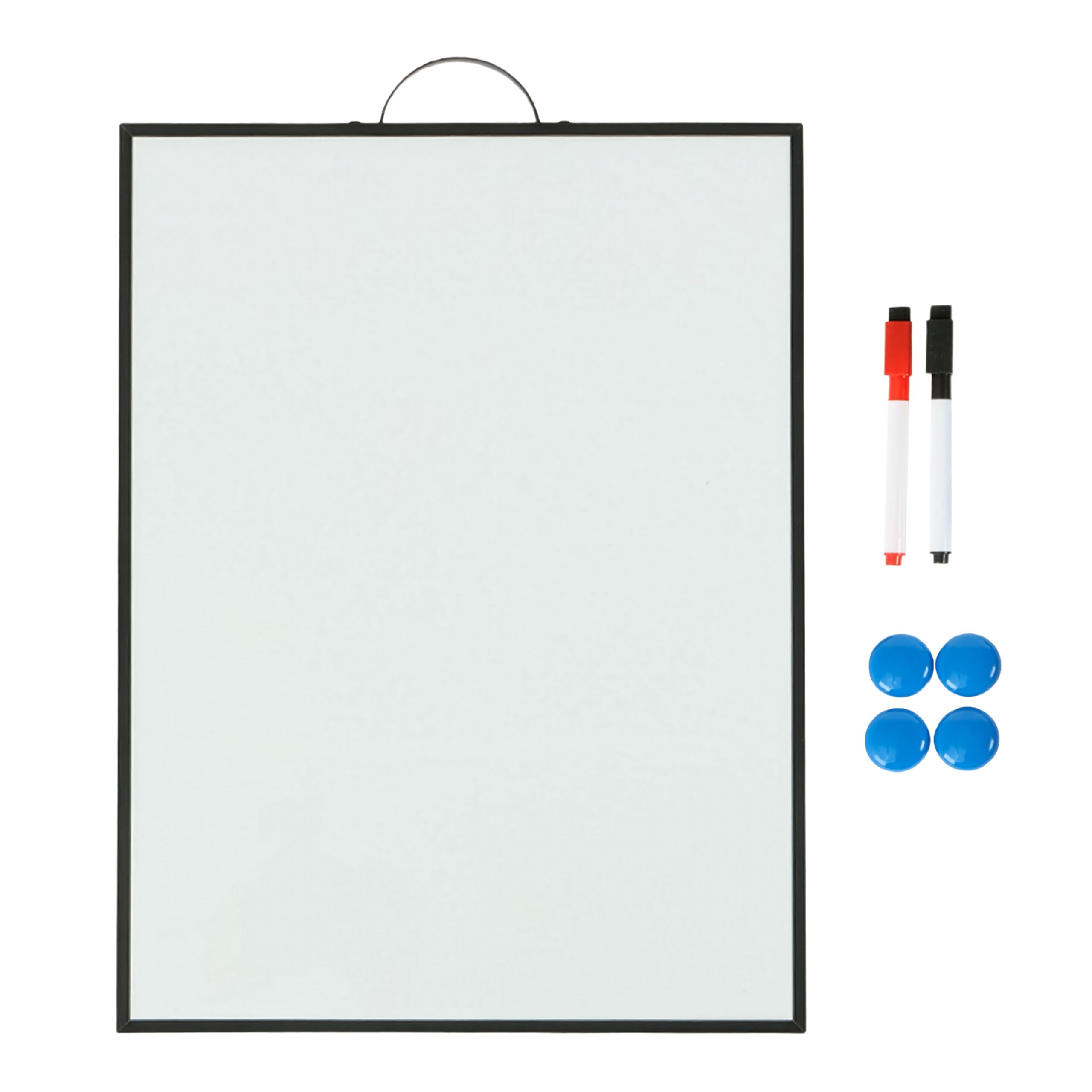 Relaxdays Pizarra magnética para Colgar, 40x30 cm, Blanca/Negra, Incluye 2 rotuladores y 4 imanes
