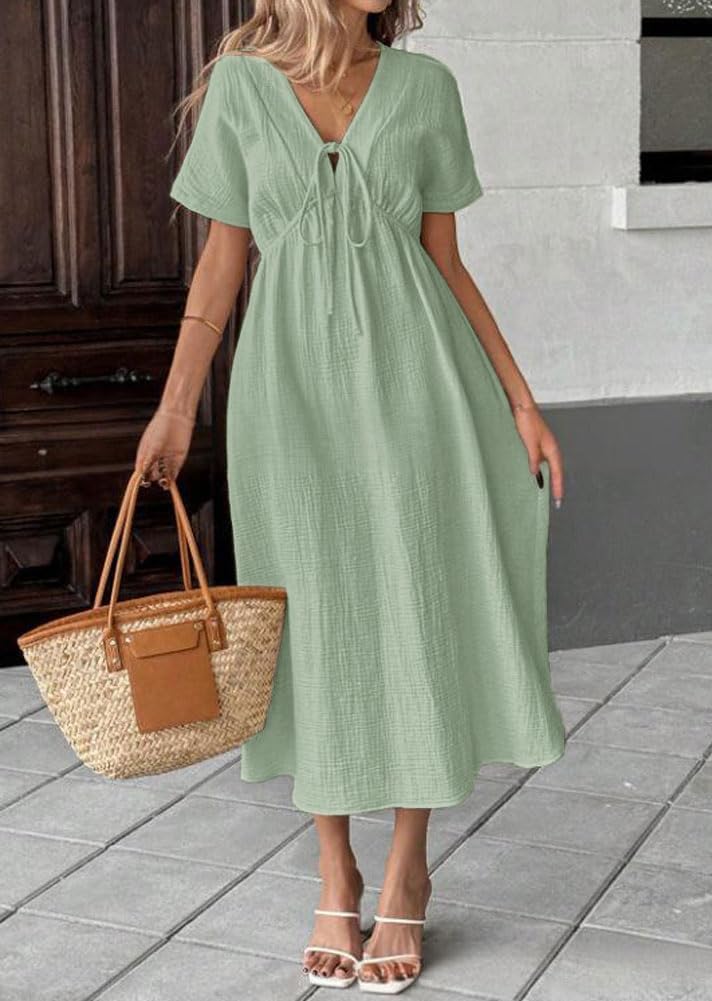 chouyatou Women's Summer Boho V-Neck Cotton Tunic Dress Casual Loose Short Sleeve Midi Long Beach Dress - Image 2