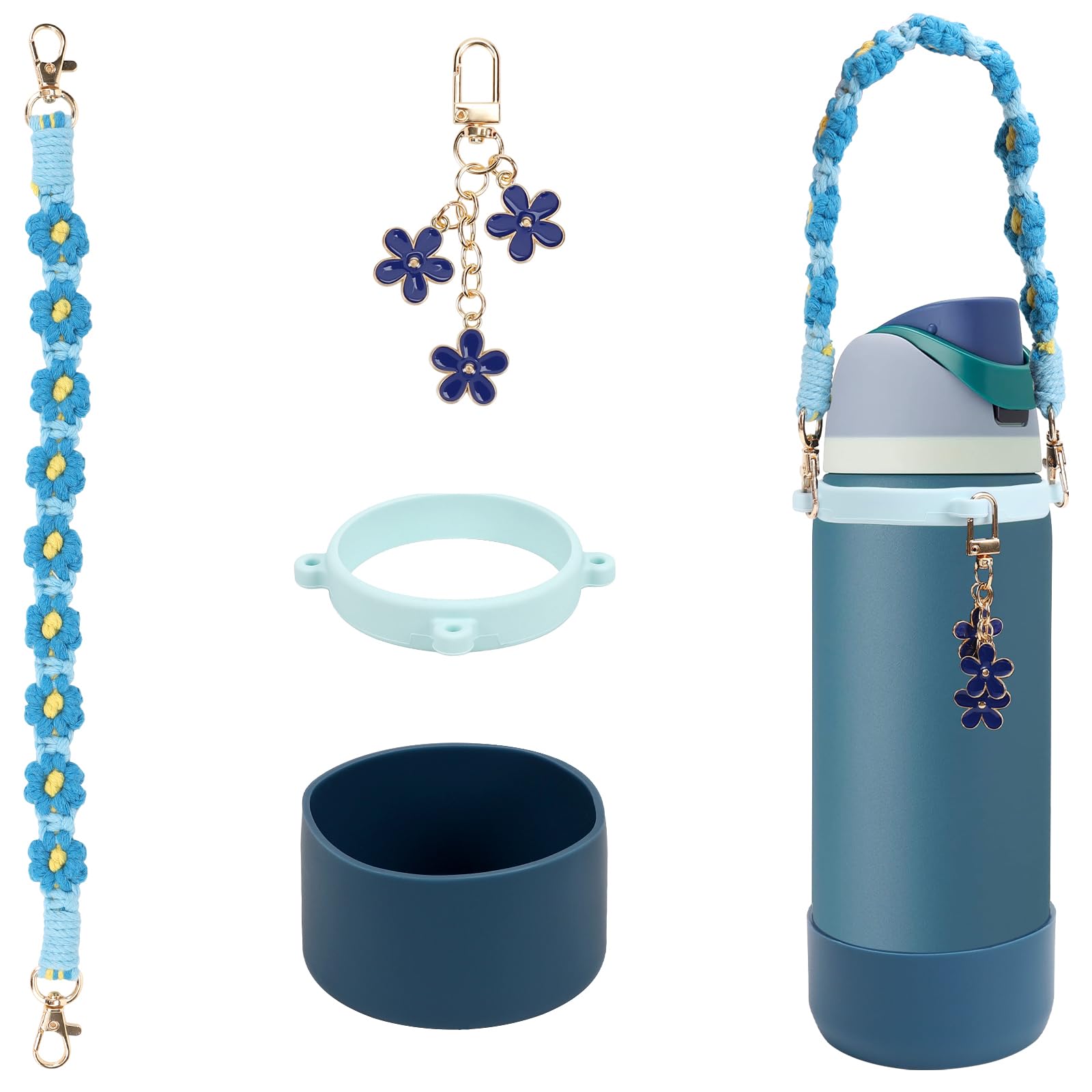 3tyto Comprehensive Compatible Owala Accessories Set: Silicone Boot for 24oz & 32oz Bottles, Water Bottle Handle Strap, Charms, Compatible Owala FreeSip (Blue, 24 oz)