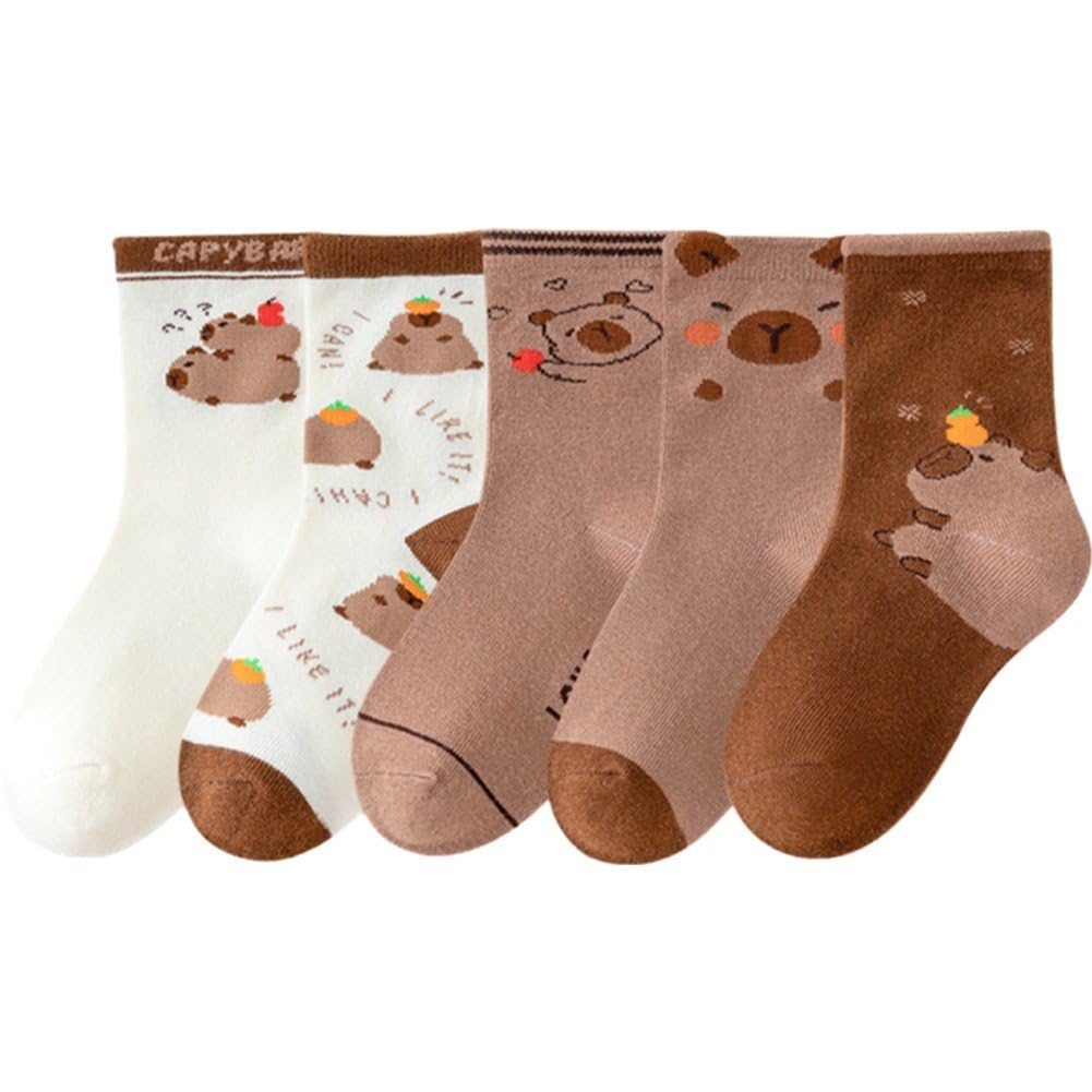 Sanfly 5 Pairs Cute Capybara Socks for Kids, Funny Animal Socks Cotton Socks Cartoon Novelty Crew Socks for Boys and Girls