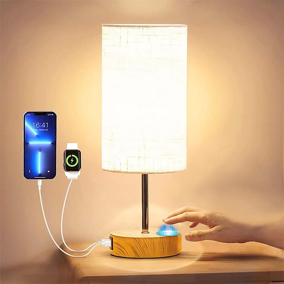 Touch Control Bedside Table Lamp,Flaxen Fabric Desk Lamp with 2 USB Ports 3 Gears Dimmable for Living Room,Study, Office