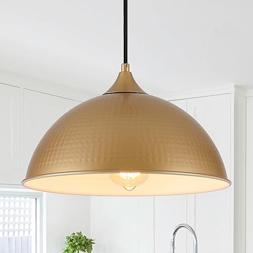 Miniatura 14 de Luces colgantes para isla de cocina, paquete de 3 lámparas colgantes de cúpula con acabado negro y dorado, lámpara colgante industrial para comedor,