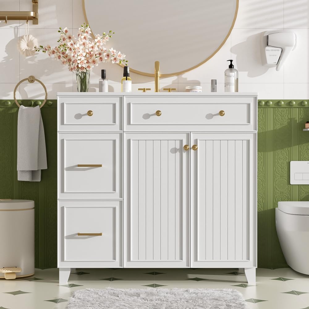 36" Bathroom Vanity with Ceramic Sink, Standard and Double-Layer Drawers, Soft Close Doors, Adjustable Shelves, Modern Storage Cabinet for Small and Medium Bathrooms (STYLE1)