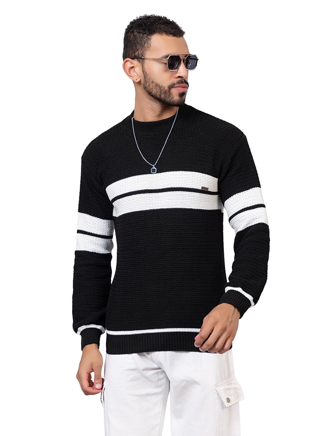 swaaglok - style that speaks Men’s Wool Blend Striped Knit Sweater | Casual Crew Neck Pullover with Ribbed Hem & Cuffs | Warm Winter Wear for Office & Daily Outfits-picture-47