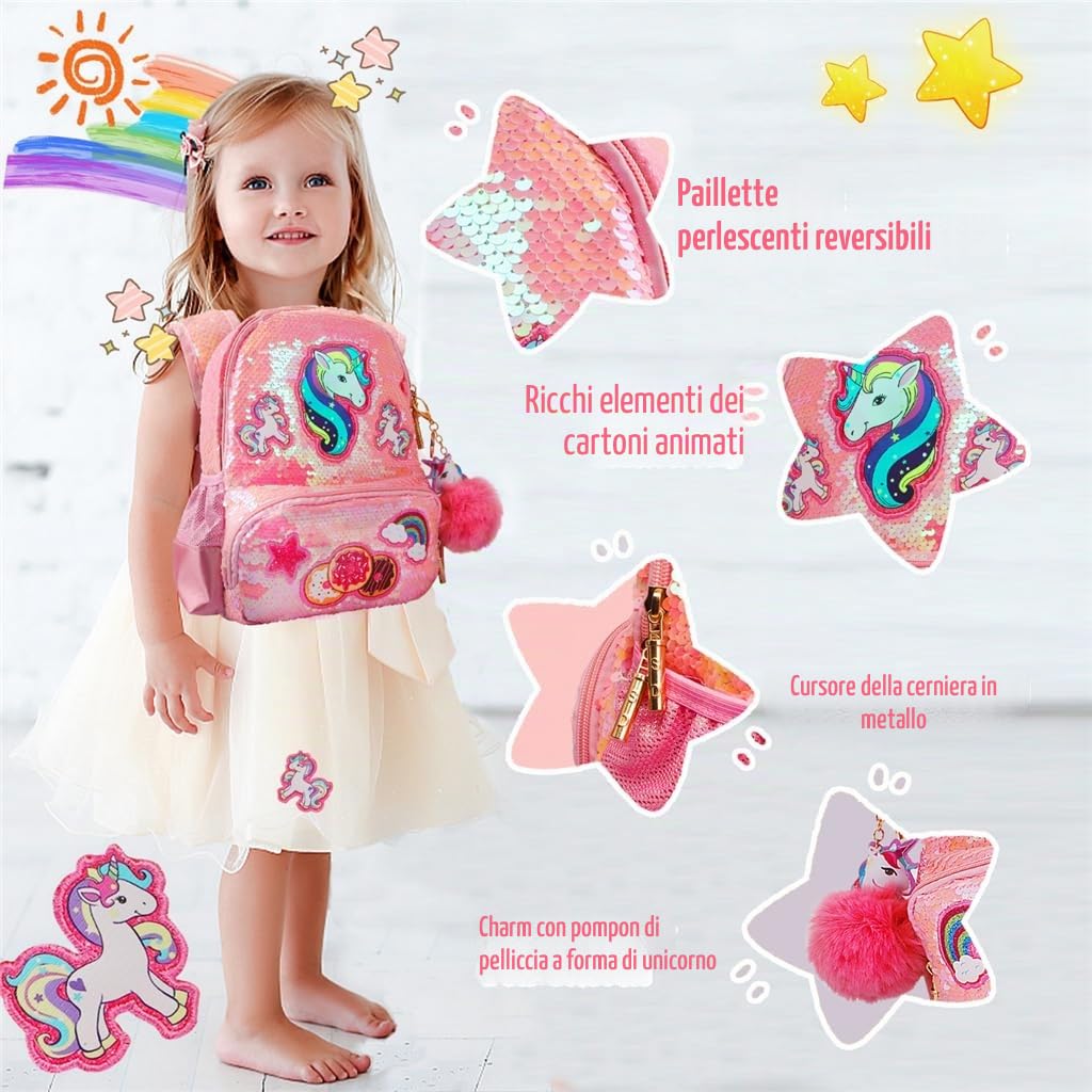 Zainetto Asilo Bambino Unicorno Paillette, Zaino Asilo Bimba Moda, Zaino Scuola Elementare Leggera, Zainetti Ragazze Perfetto, Zaini Bambina Prescolastico Regulable, Regalo per Back to School Natale