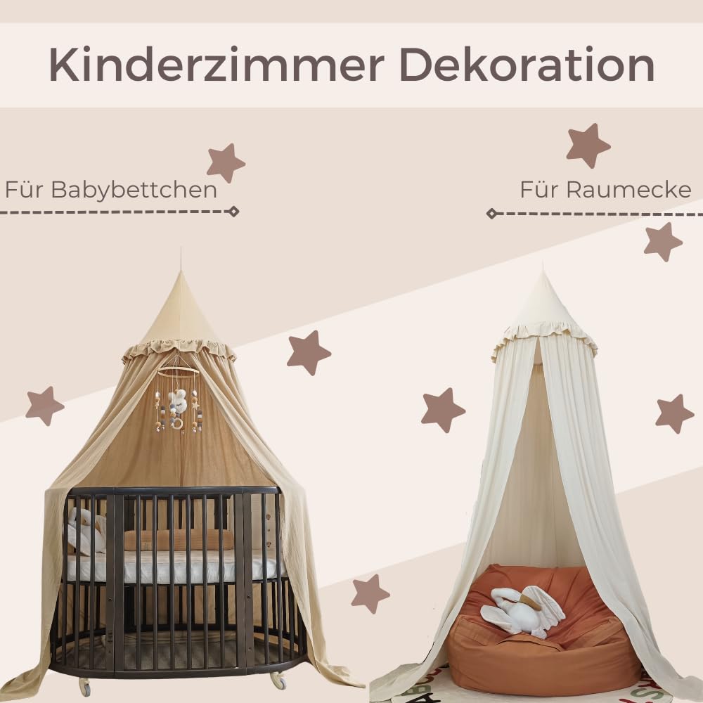 Wonder Space Kinderbetthimmel mit Rüschen, Pastell Neutrale Farbe für Jungen & Mädchen, Hängender Vorhang Moskitonetz für Kinderzimmer Babybett Kleinkinderbett Leseecke Dekoration (Cremefarben)