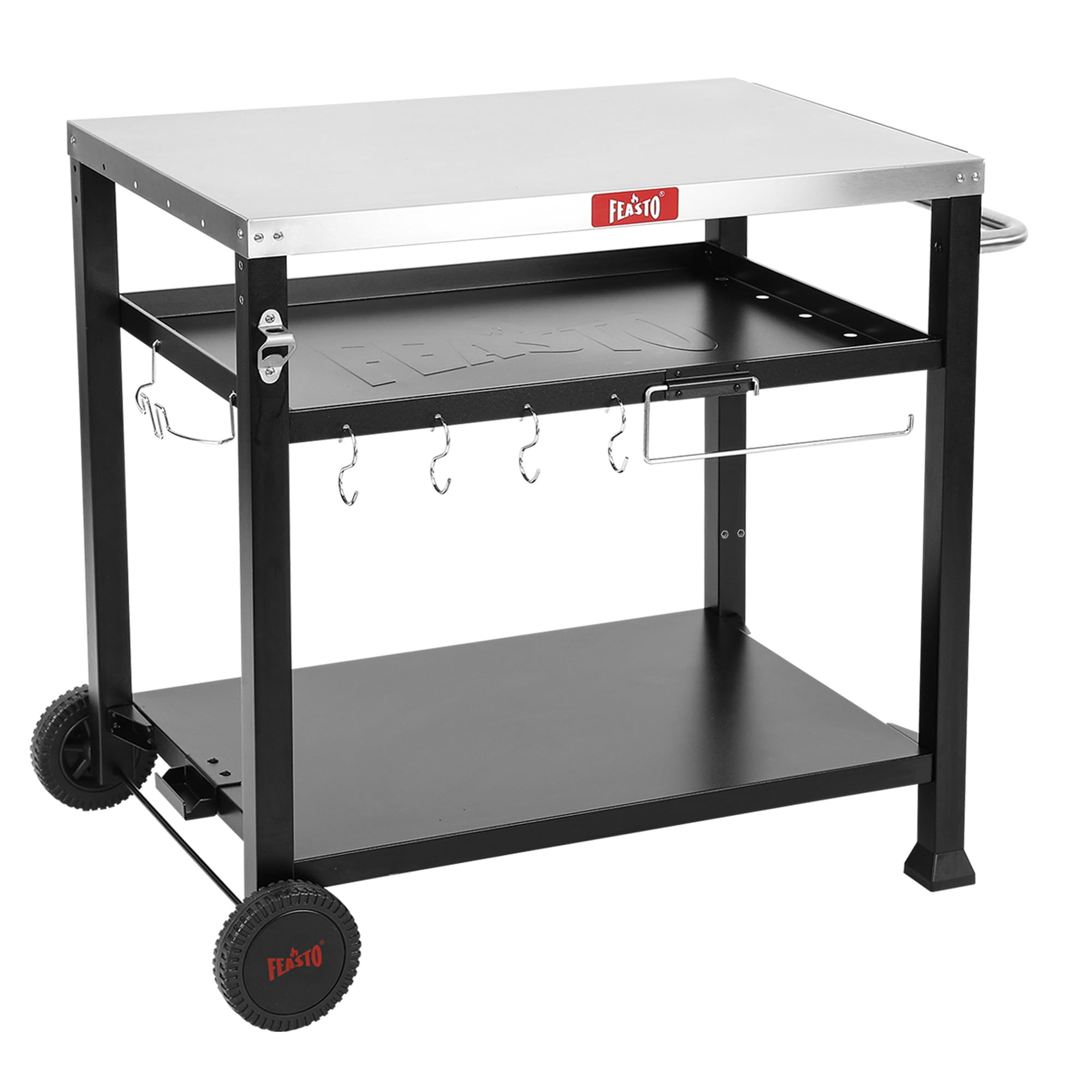 Feasto Grillwagen Outdoor 3 Etagen, Multifunktionaler Grilltisch mit Edelstahlplatt, Griff, Rollen, Ideal für Küche, Terrasse, Balkon und Buffet, 95x64x84cm, Schwarz