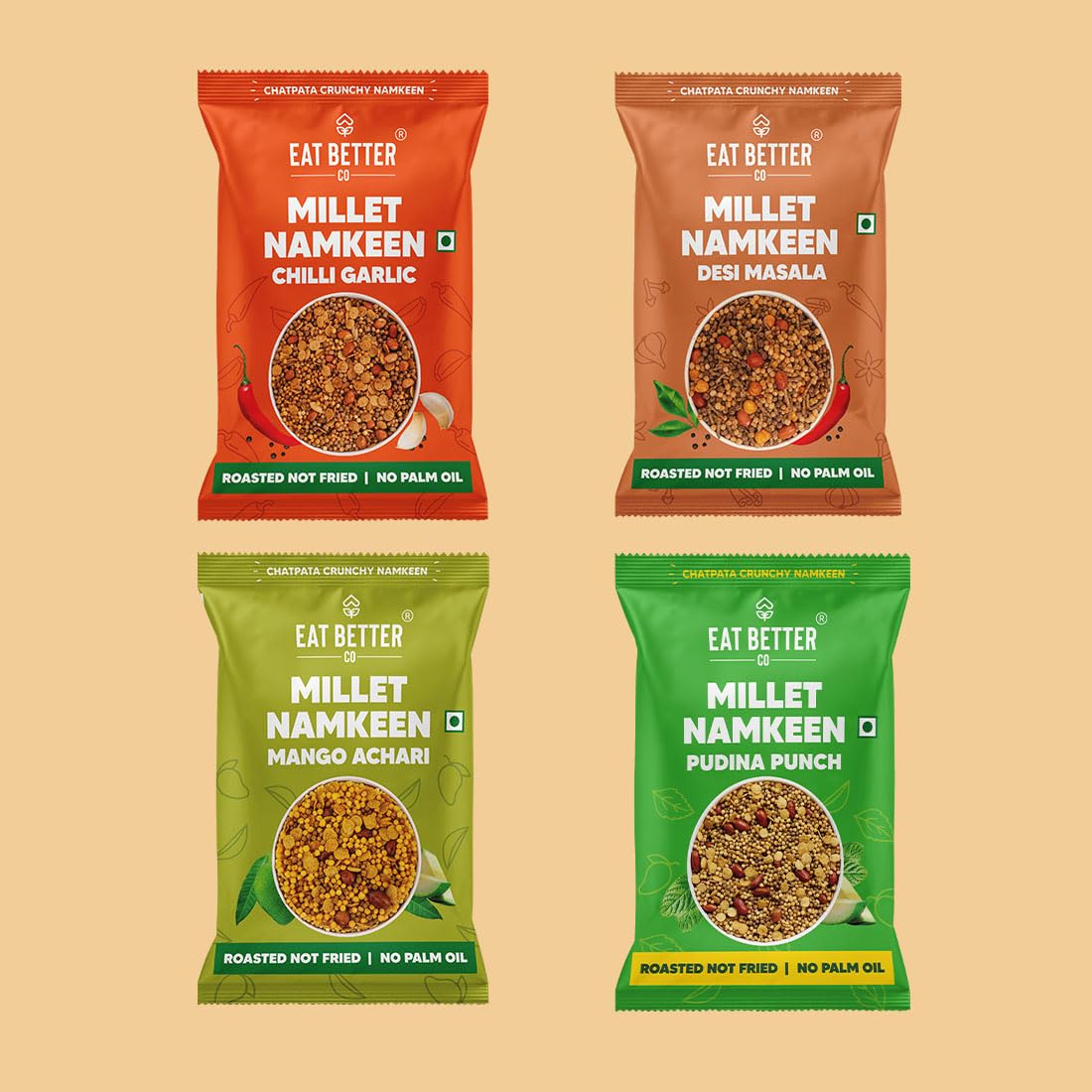 Eat Better Co β Millet Namkeen Combo β Four Flavours β Desi Masala, Mango Achari, Pudina Punch and Chilli Garlic β 4 * 32 grams - Healthy Snacks for Adults Combo 128gm