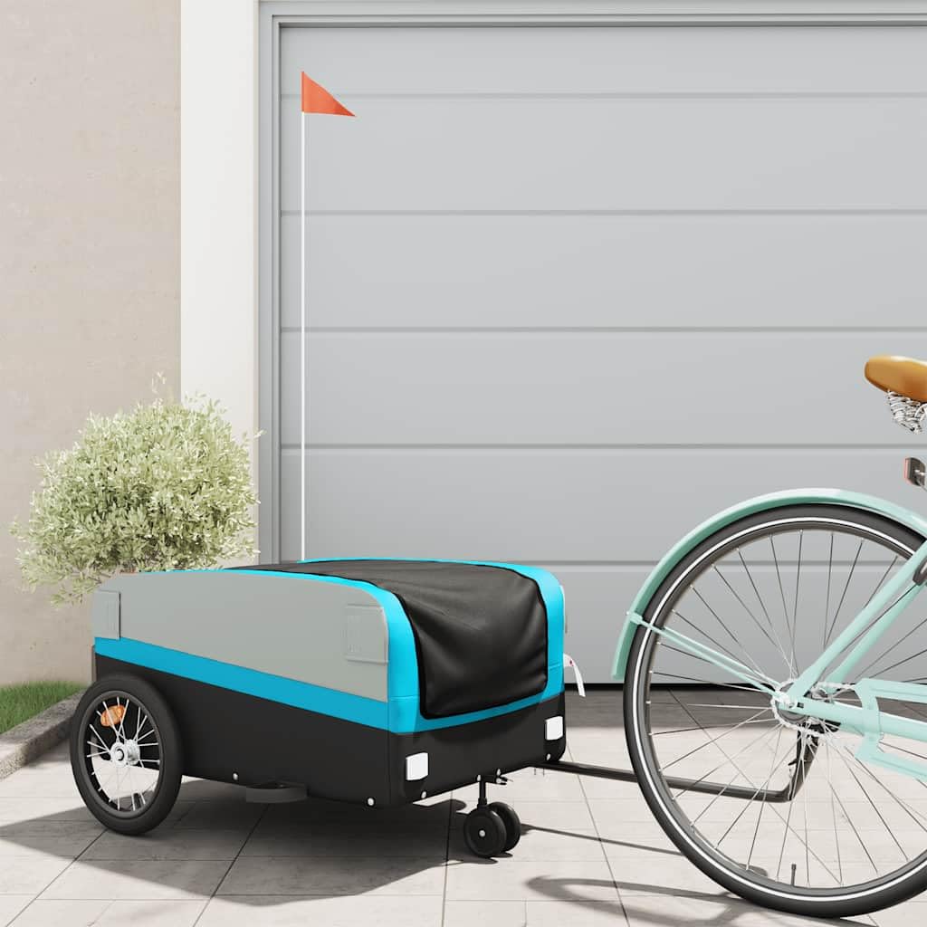 Przyczepa rowerowa, czarna, niebieska, wykonana z wytrzymałego żelaza, nośność 45 kg, z dyszlem, flaga bezpieczeństwa do transportu ładunków, bagażu, zakupów, psów, podróży