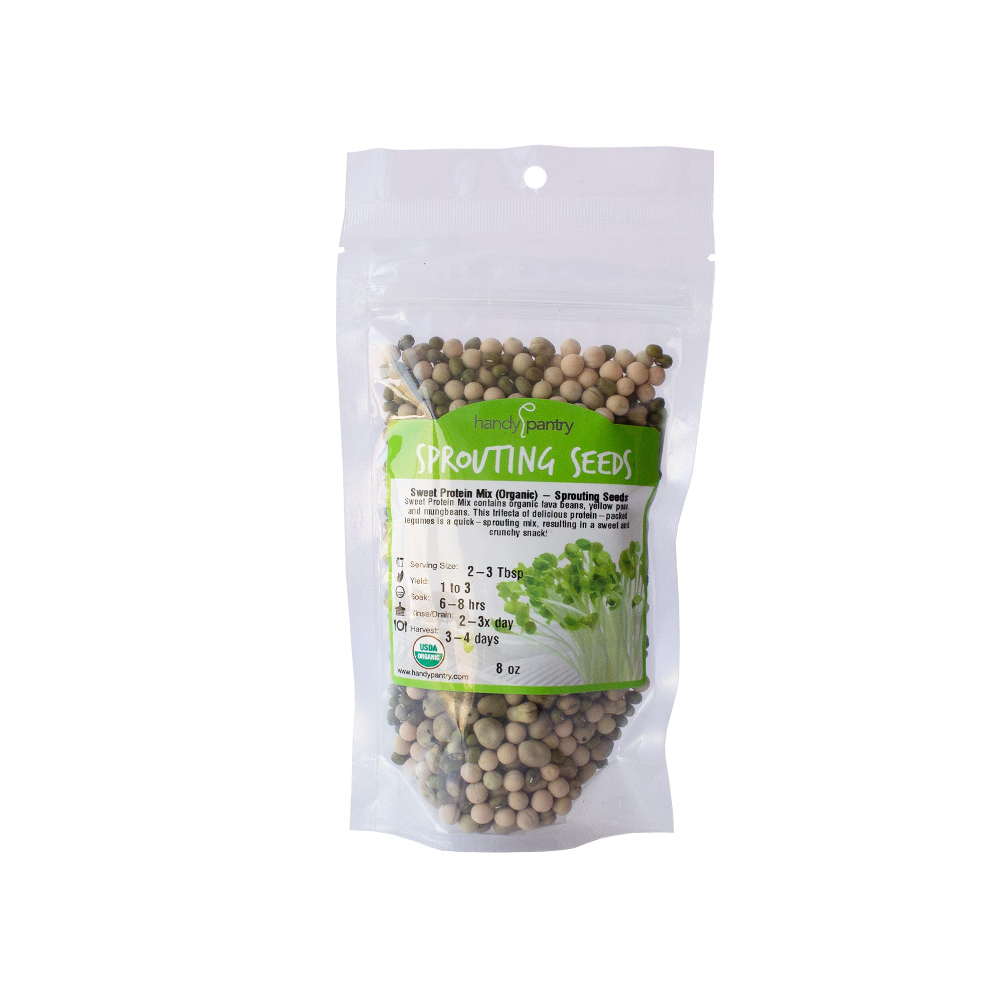 Organic Sprouting Seeds - Handy Pantry Sweet Protein Mix 8 oz. - Fava Bean, Mung Bean, & Yellow Pea Seeds - High Protein Food for Daily Health or Food
