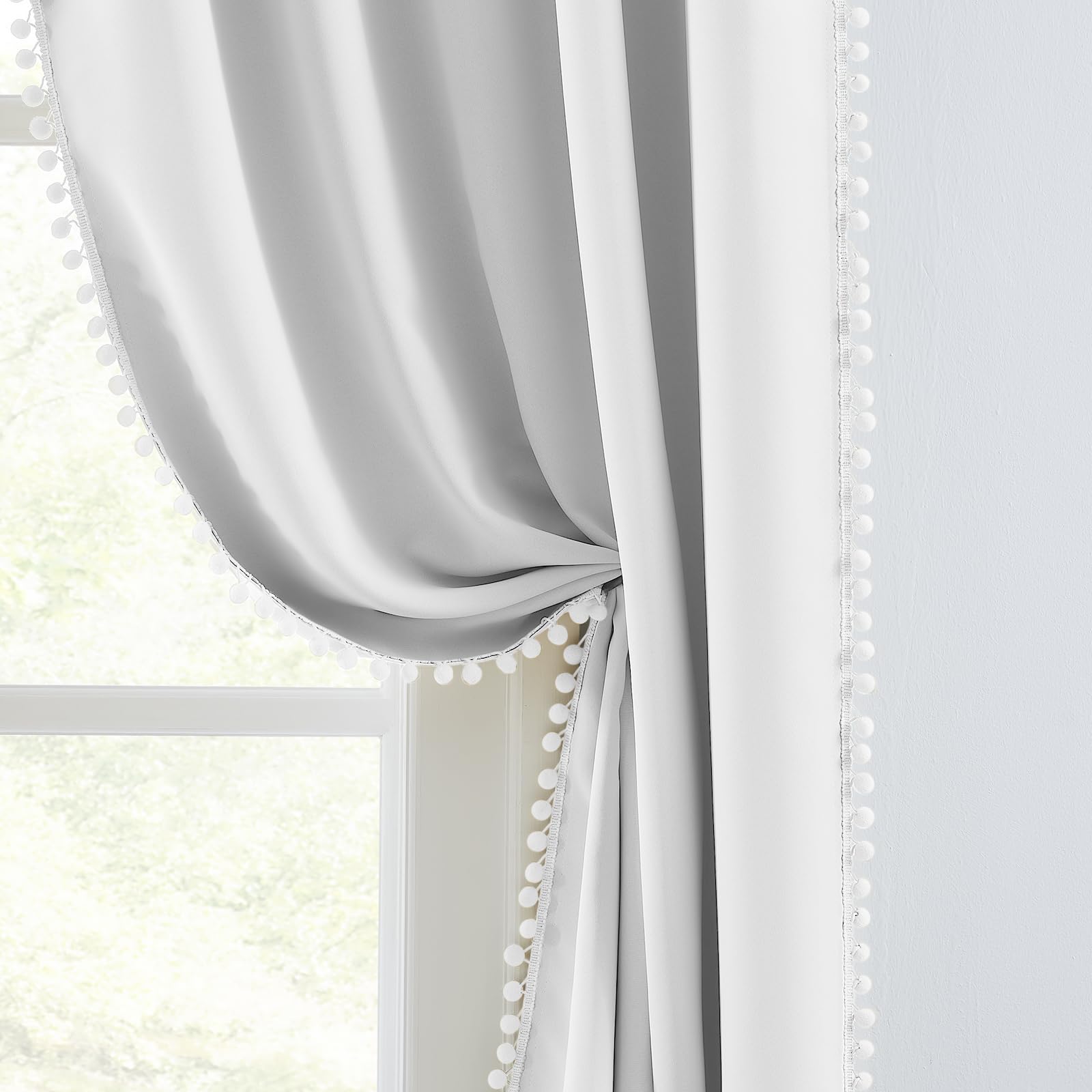 Melodieux White Pom Pom Curtains for Living Room, Kids Bedroom Cute Boho Curtains 2 Panels, Half Blackout Light Blocking Cotton Textured Drapes for