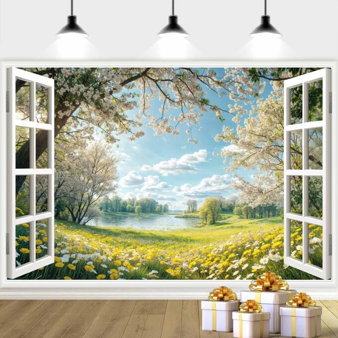 10X8ft Spring Backdrop Spring Window Scenery Backdrop, Natural Scenery Background Spring Blossom Nature Landscape Photo Background Birthday Party Kids