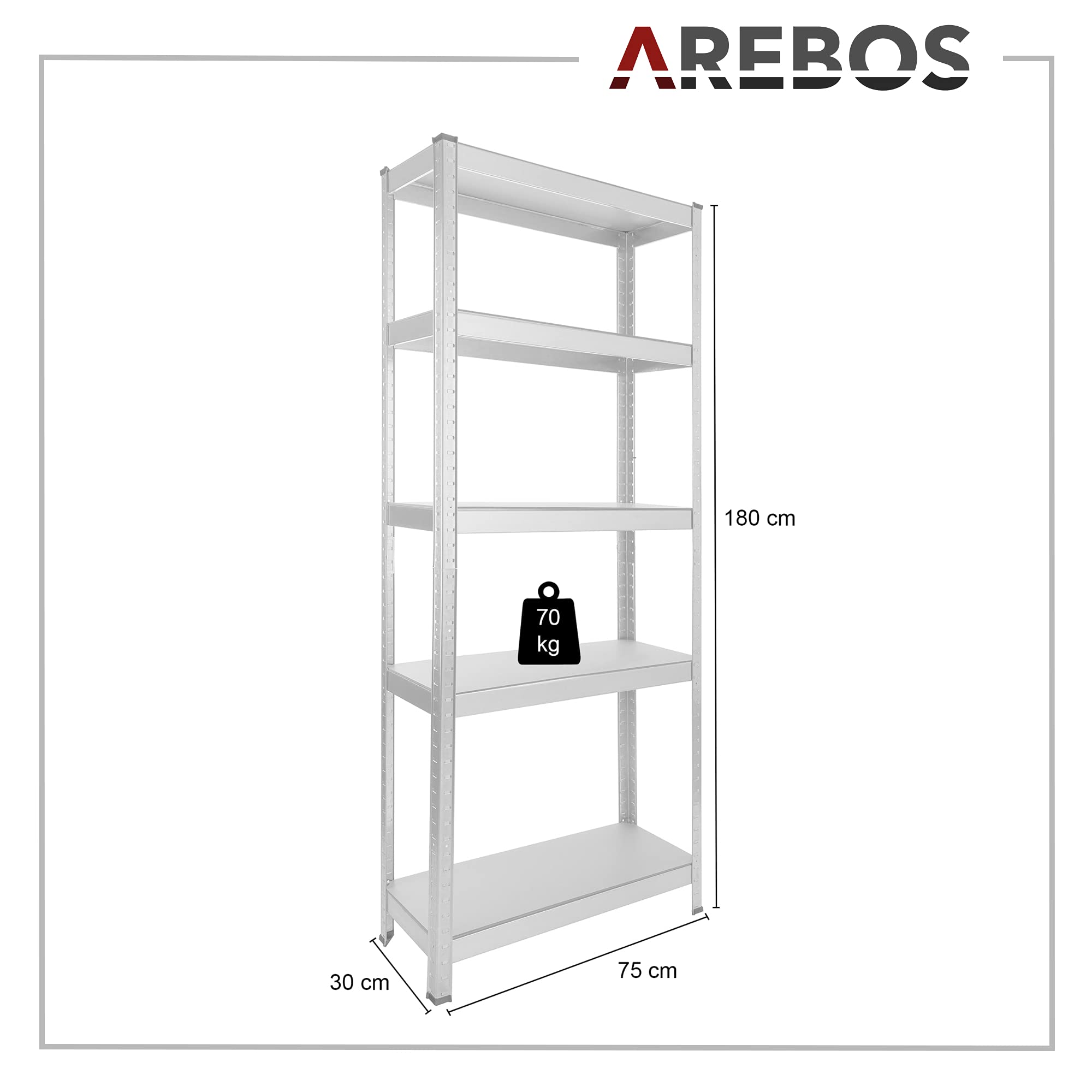 AREBOS Étagère Charge Lourde Rangement | 350 kg Capacité Totale | 75 x 30 x 180 cm | Métal galvanisé et Panneau de Fibre de Bois MDF