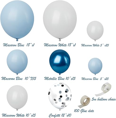 Miniatura 5 de Kit de arco de guirnalda de globos azules, 109 piezas de confeti azul macarrón y globos plateados blancos metálicos para baby shower, fiesta de
