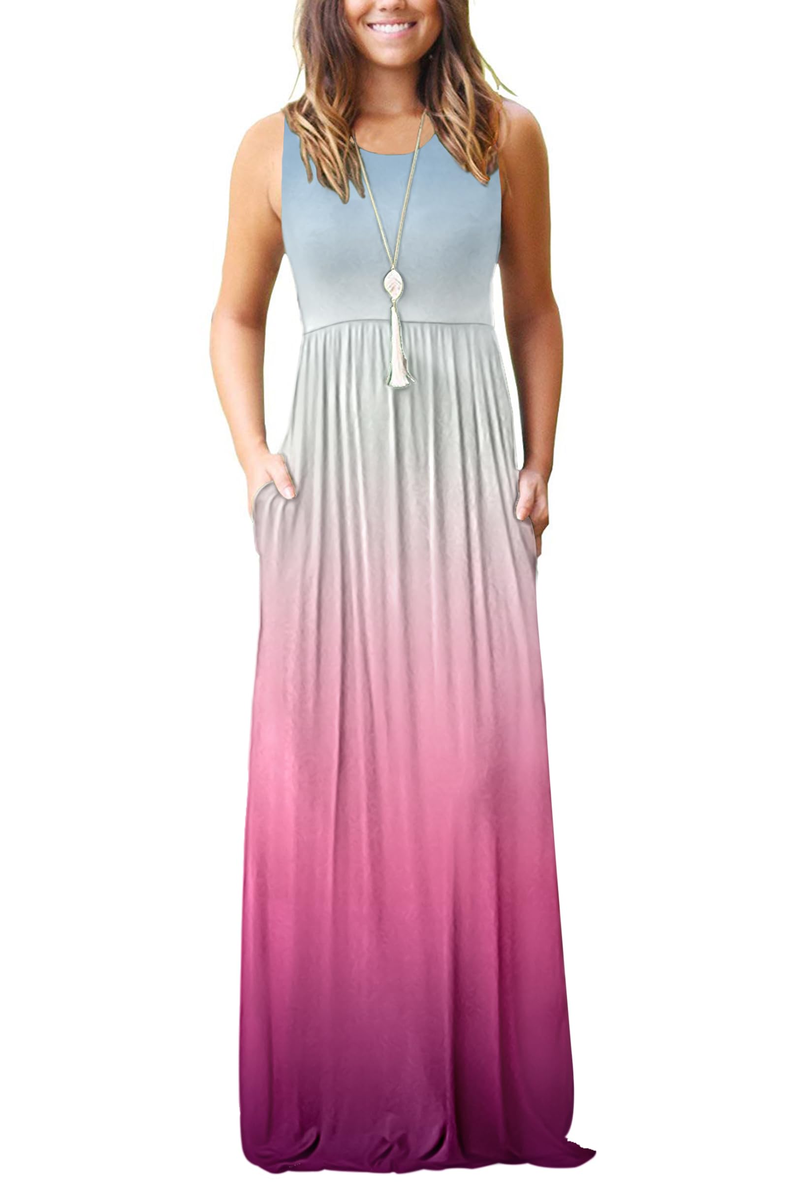 AUSELILY Women's Summer Sleeveless Loose Plain Casual Long Maxi Dresses | Year Round wear solid floral print, Casual daily wear, Empire waist, Floor length, Side pockets New