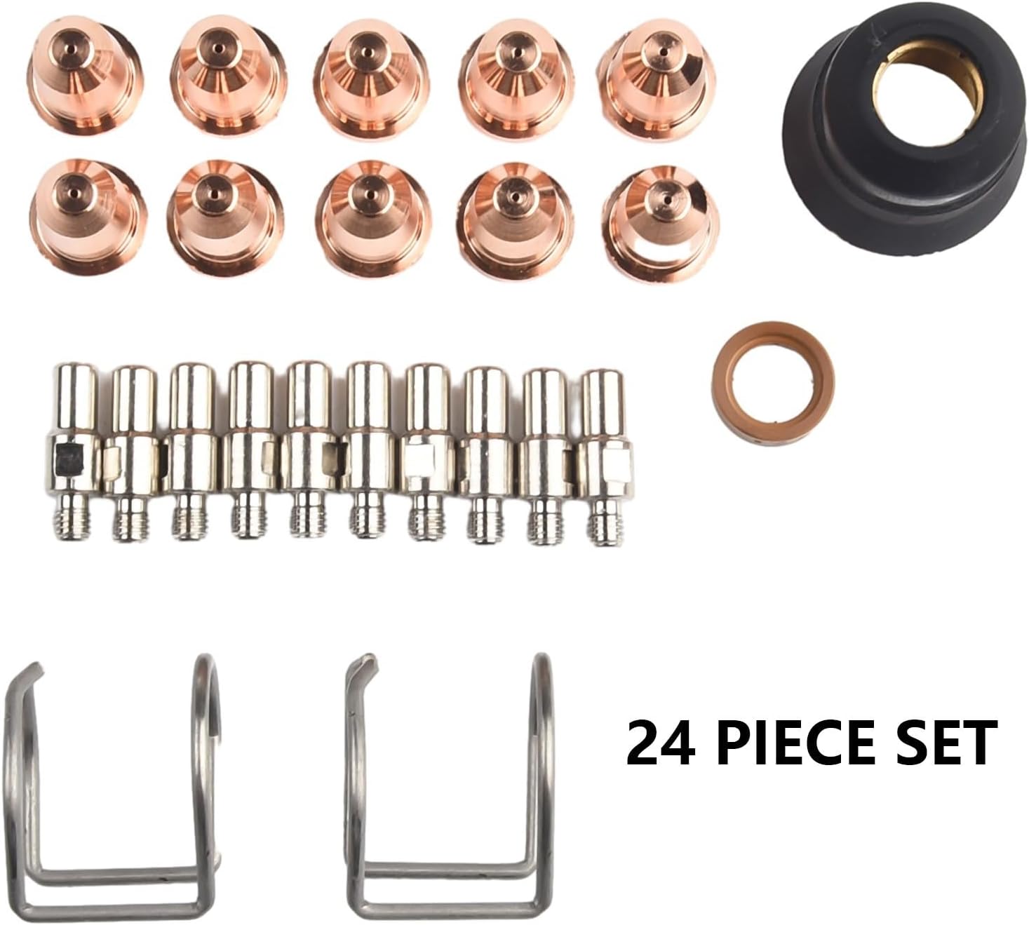 Gros plan view of individual plasma cutter consumable components, including tips, electrodes, and a swirl ring.