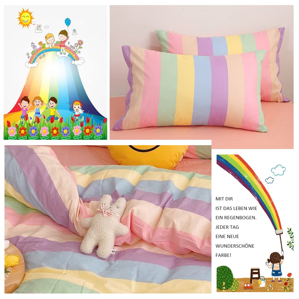 Koudi Ropa de cama infantil de 140 x 200 cm, multicolor con diseño de rayas arcoíris, funda nórdica con cremallera y funda de almohada de 70 x 90 cm