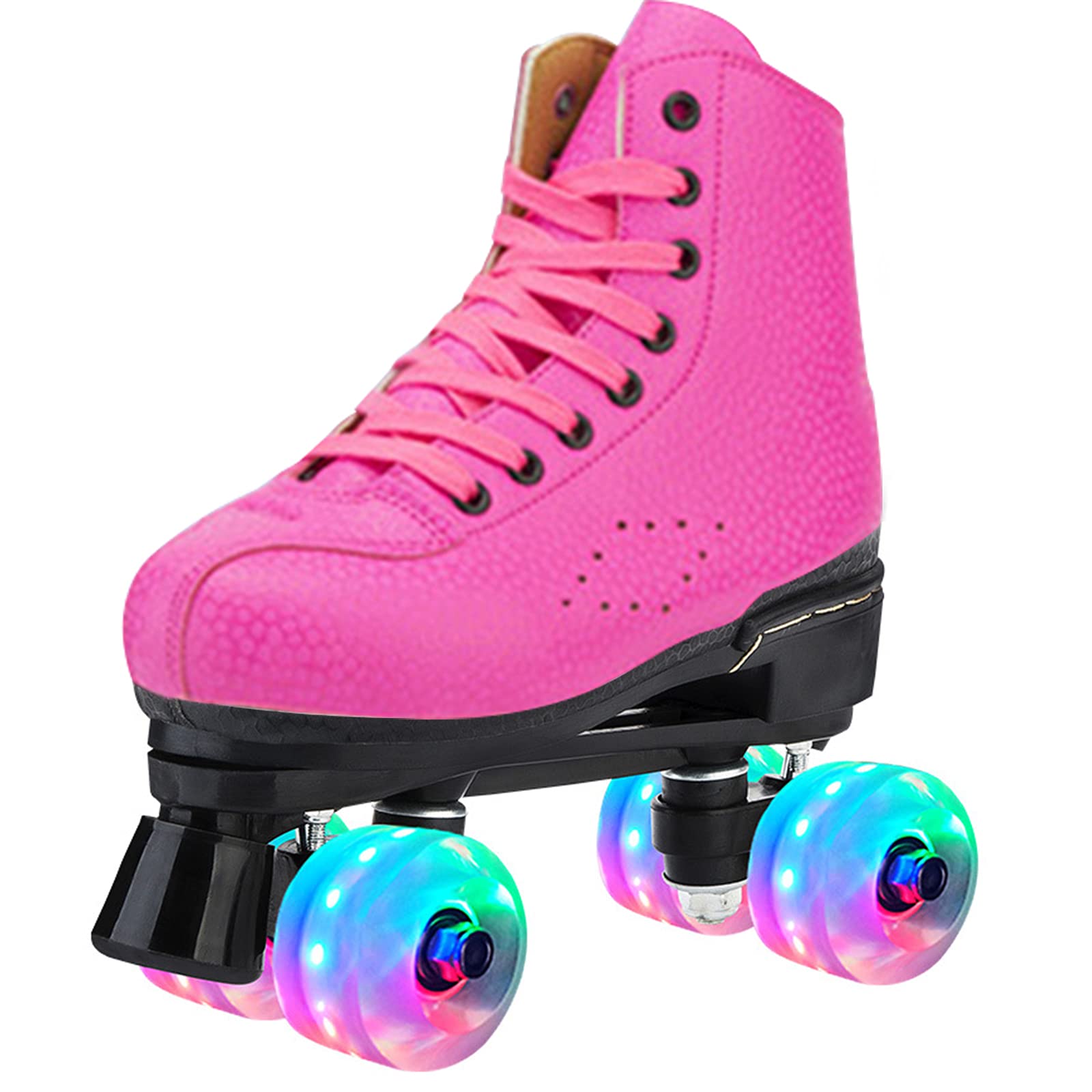 Classic Roller Skates Unisex Double Row Quad Roller Skates with PU Flashing Wheels, PU Leather 4 Wheels Roller Skates Shoes for Beginner Adult Teens (Women12/Men10.5,Pink)