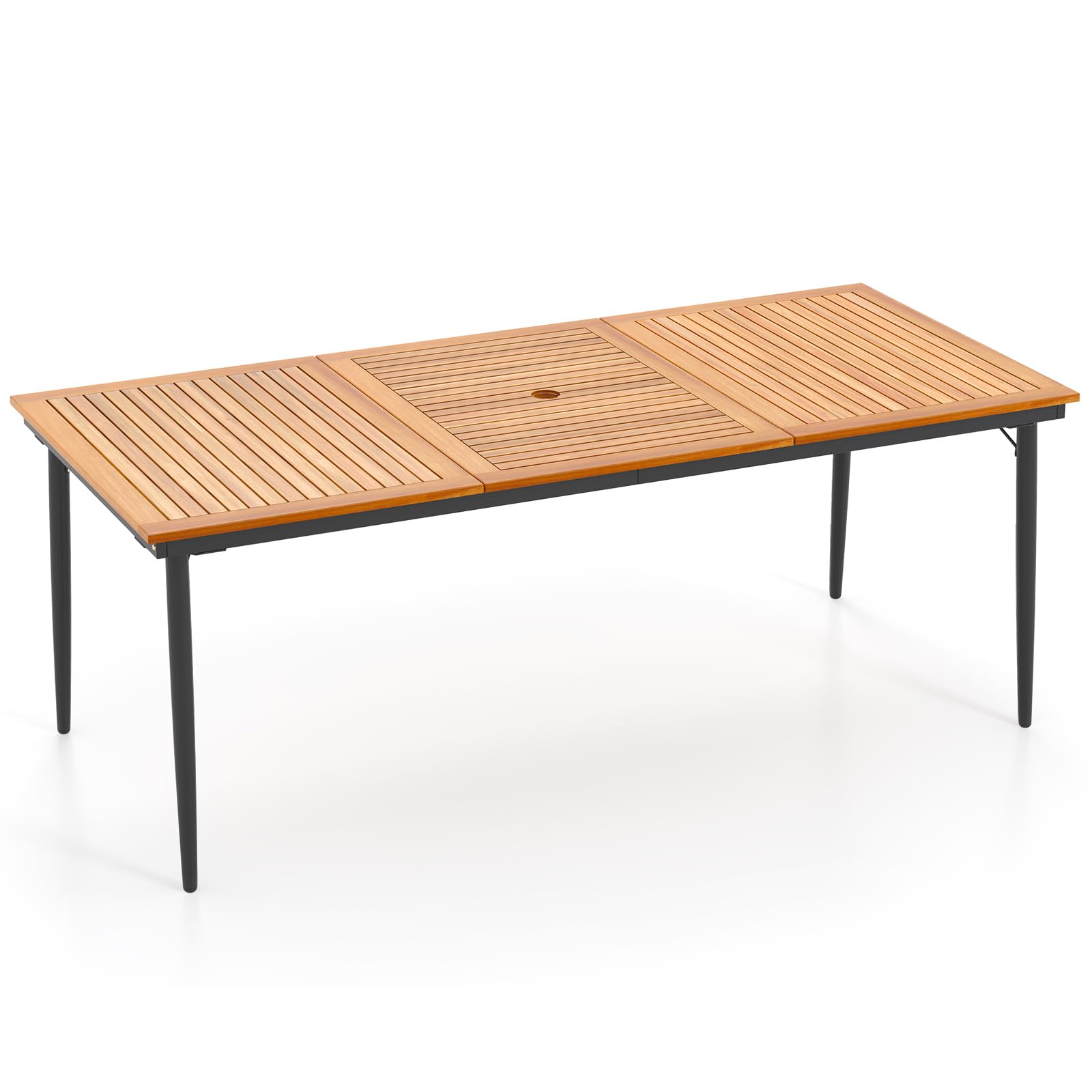 GIANTEX Table à Manger de Jardin avec Trou pour Parasol Ø 5 cm, Table d’Extérieur Rectangulaire en Bois d'Acacia pour 8 Personnes, Pieds Métalliques, pour Terrasse, Patio, 200 x 90 x 75 cm